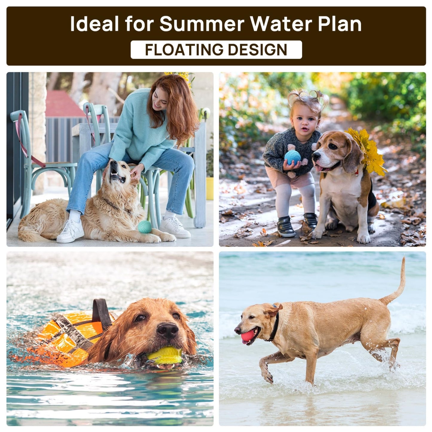 iPettie Summer Floating Dog Ball, Squeaky Water Fetch Toy, Waterproof Rubber Chew Ball, BPA Free, Colorful, 4 Sets, 2.5"