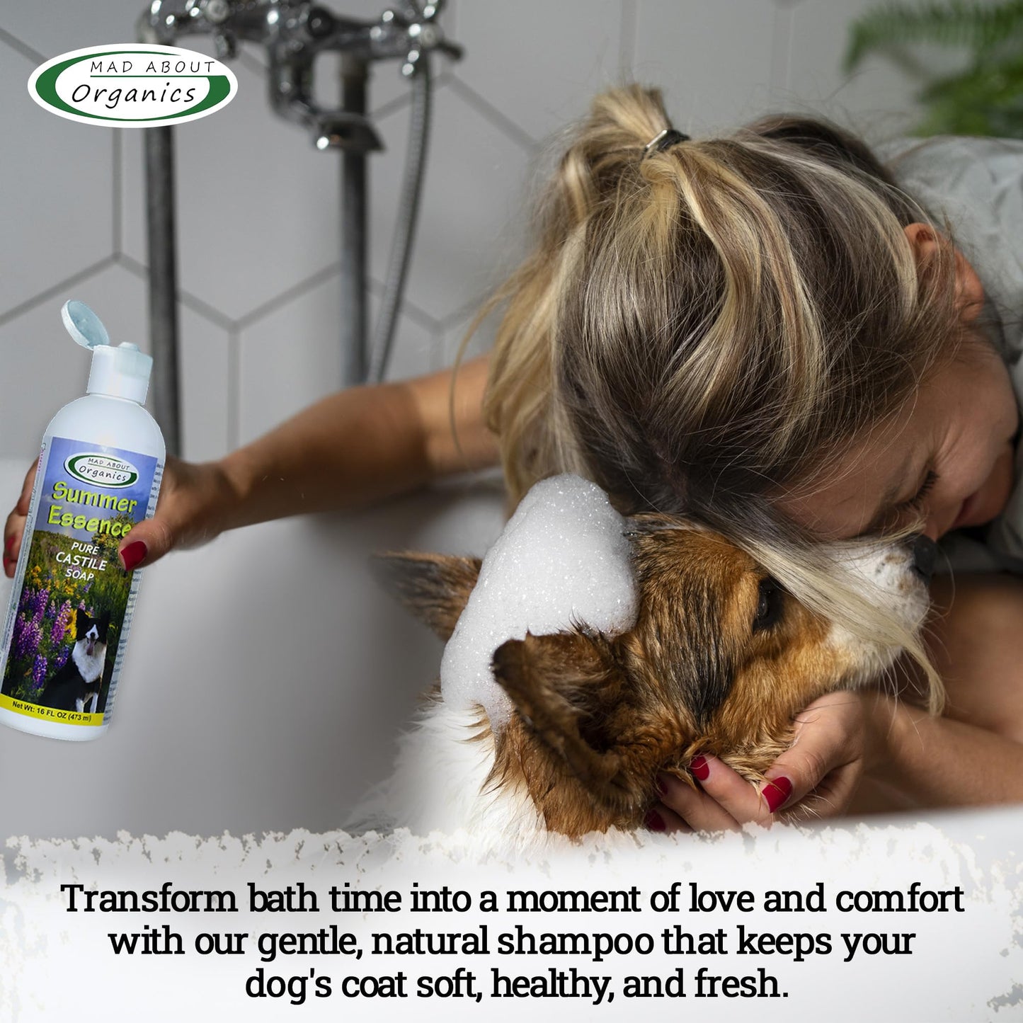Mad About Organics Summer Essence Dog Shampoo - Pure Castile Soap with Botanical Fruit & Flower Oils, Gentle Formula for Delicate Skin, Mild and Calming for Dogs from 4 Weeks & Older, 16 oz
