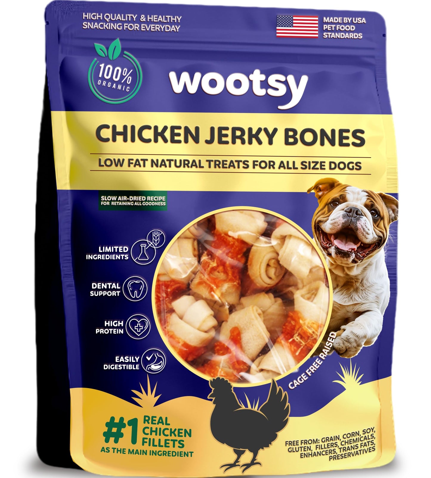 Wootsy Chicken Wrapped Knotted Rawhide Bones - Dental Health Support, Long-Lasting, Grain Free Canine Treats - Low-Calorie & High-Protein Real Chicken Dog Chews, 24 oz