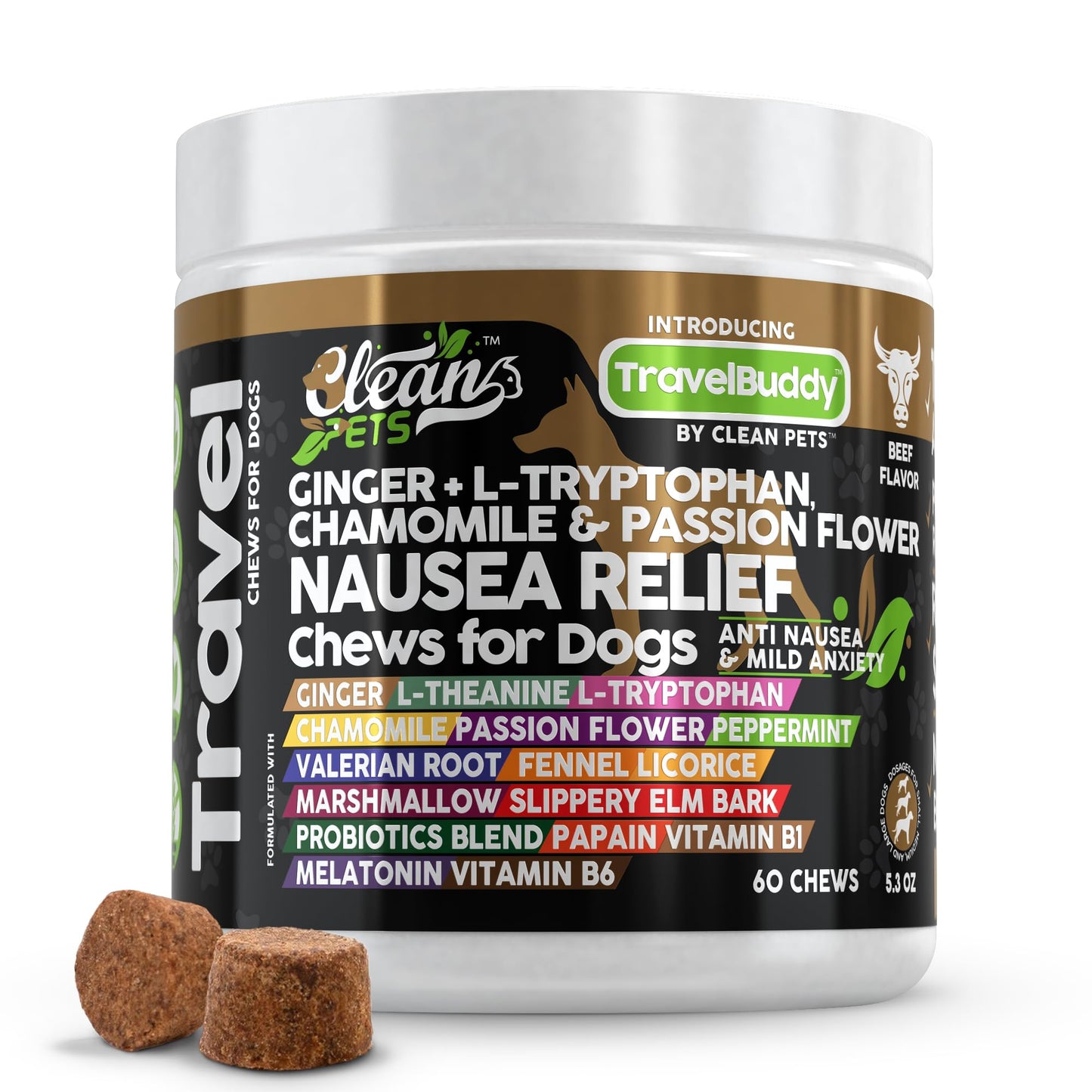Clean Pets Travel Chews Nausea Relief for Dogs | Ginger L-Tryptophan Chamomile Passion Flower L-Theanine Peppermint Valerian Root Fennel Licorice Root Marshmallow Root Slippery Elm Melatonin Chew