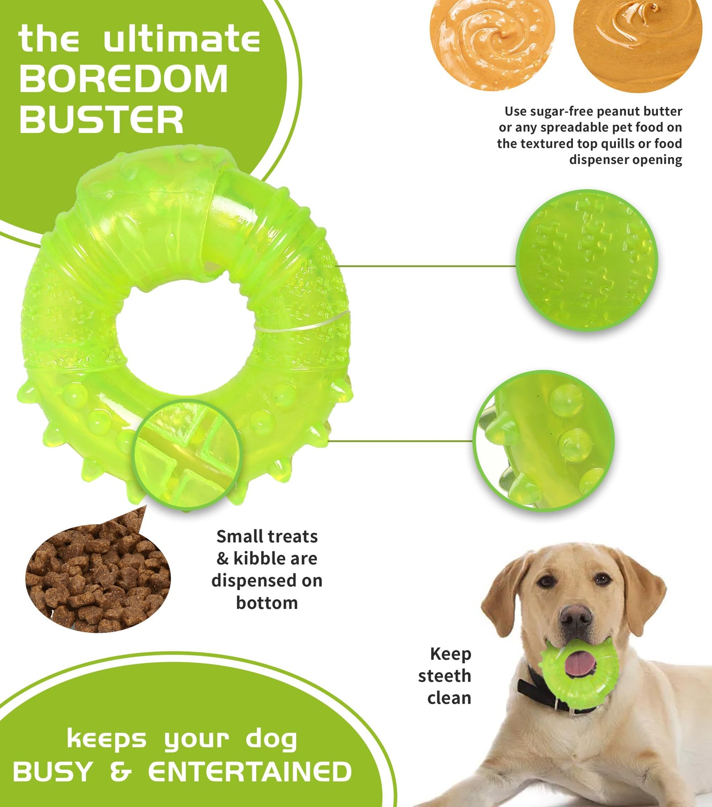 SPOFLY Puppy Chew Toys for Teething, Non-Toxic Durable, Interactive Teething Rings & Bouncing Ball - Boredom-Busting, Brain-Stimulating Puzzle Toy, Enrichment Treat Dispensing - Bright Green