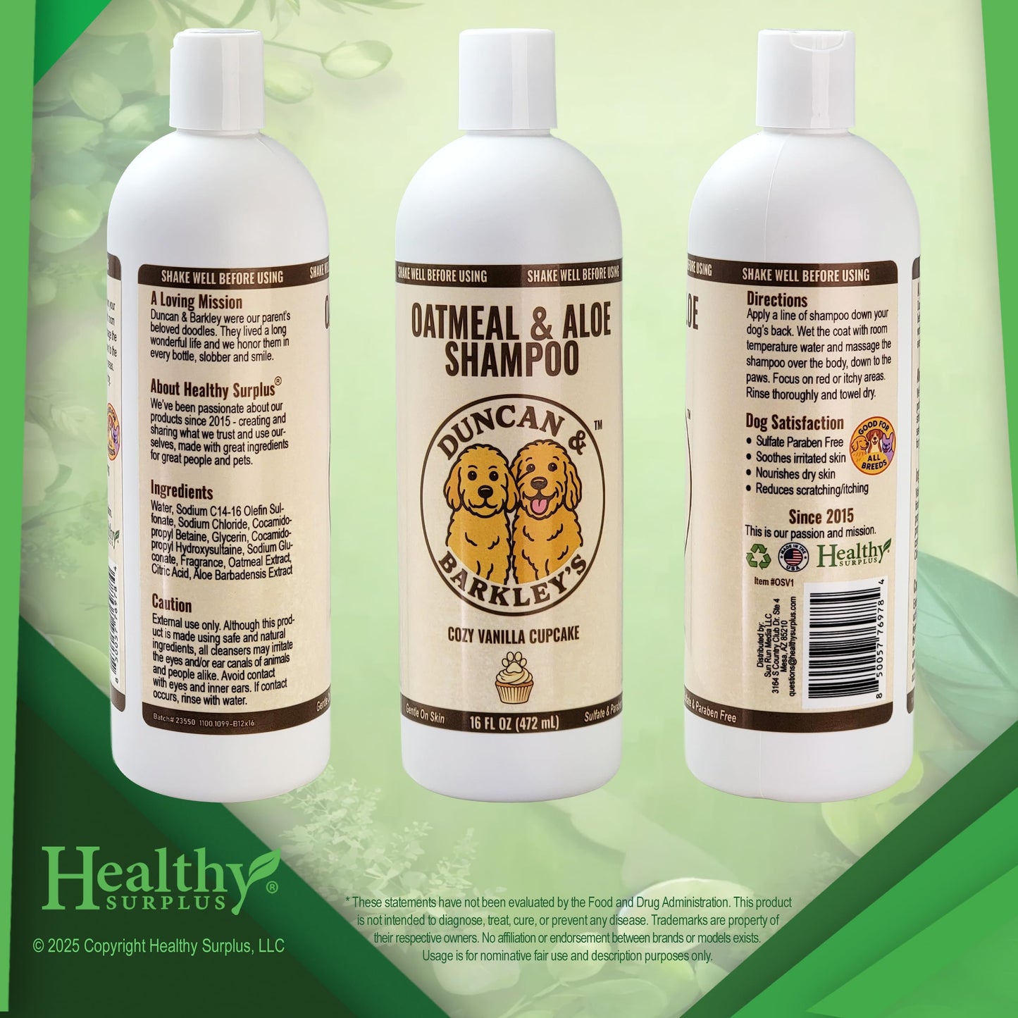 Duncan & Barkley’s Oatmeal & Aloe Dog Shampoo and Conditioner 16 Oz Bottles - Cozy Vanilla Cupcake Scent, Gentle Pet Wash for Sensitive Skin and Vital Volumes Tips Card - Bundle