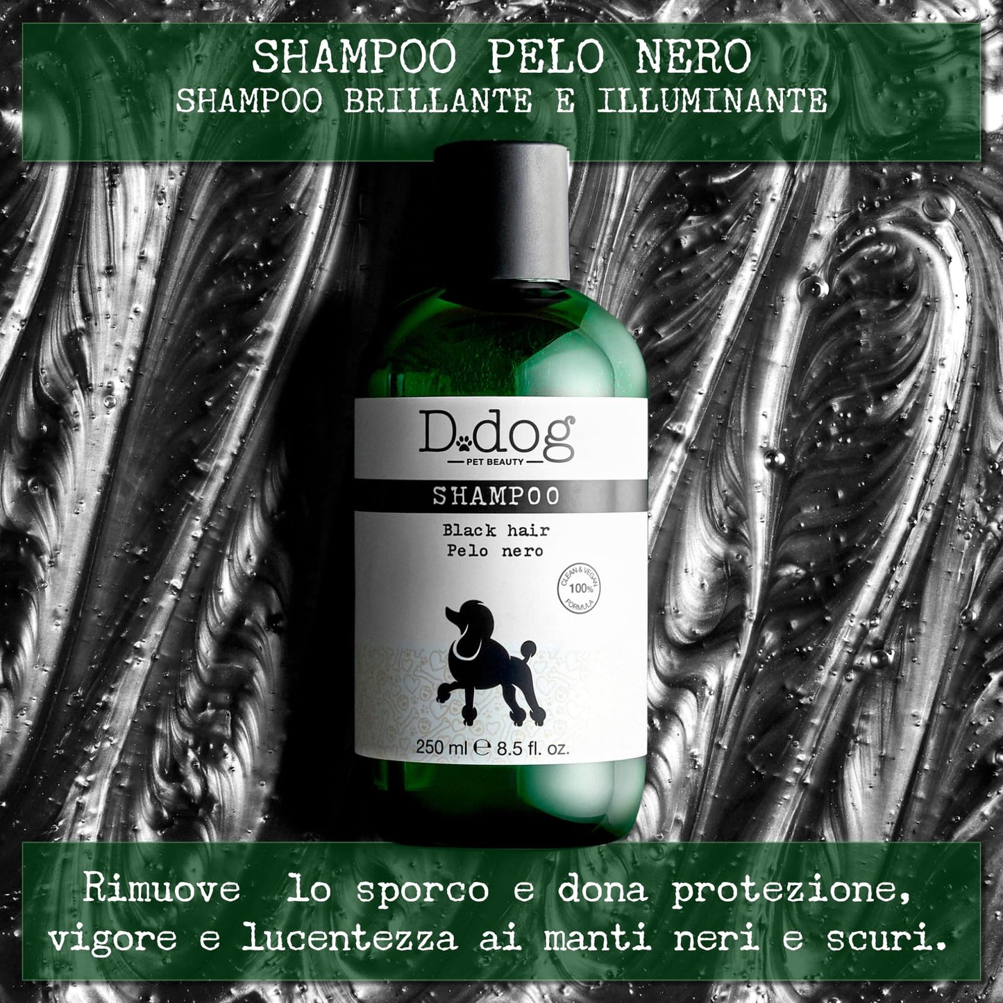 Diego dalla Palma D-Dog Pet Shampoo Black Hair - Shines and Brightens Fur - Enhances Color of Black and Dark Coat - Removes Dirt and Buildup with Every Wash - Hypoallergenic and Alcohol Free - 8.5 Oz