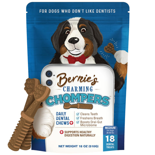 Bernie's Charming Chompers - Daily Dental Chews for Dogs 26-50 Lbs. - 18 Count - Cleans Teeth, Freshens Breath, + Boosts Oral-Gut Microbiome. Easy to Digest, Supports Healthy Digestion Naturally