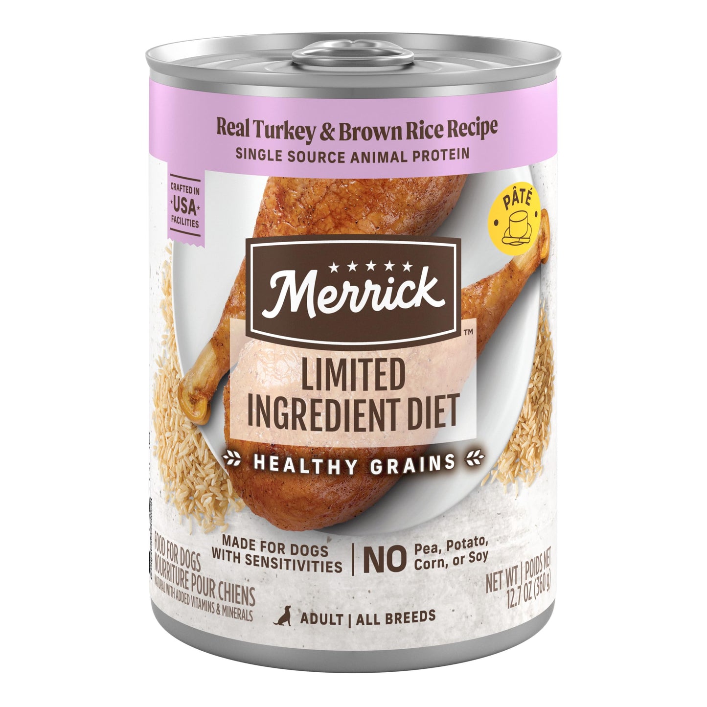 Merrick Limited Ingredient Diet Premium with Healthy Grains Natural Canned Wet Dog Food Turkey and Brown Rice - (Pack of 12) 12.7 oz. Cans