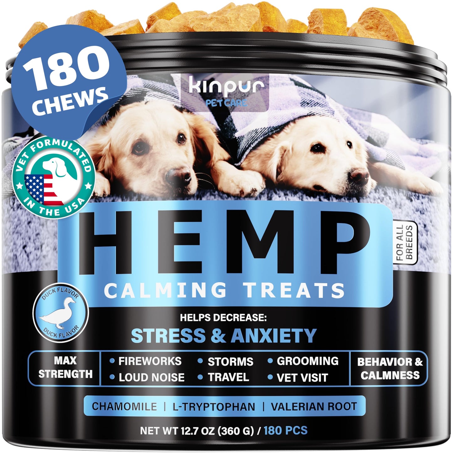 Calming Chews for Dogs with Hemp Oil - Dog Calming Treats with Duck Flavour - Aid During Thunderstorms, Fireworks, Separation, Car Rides - Hemp Dog Treats for Calming Support - 180 Chews