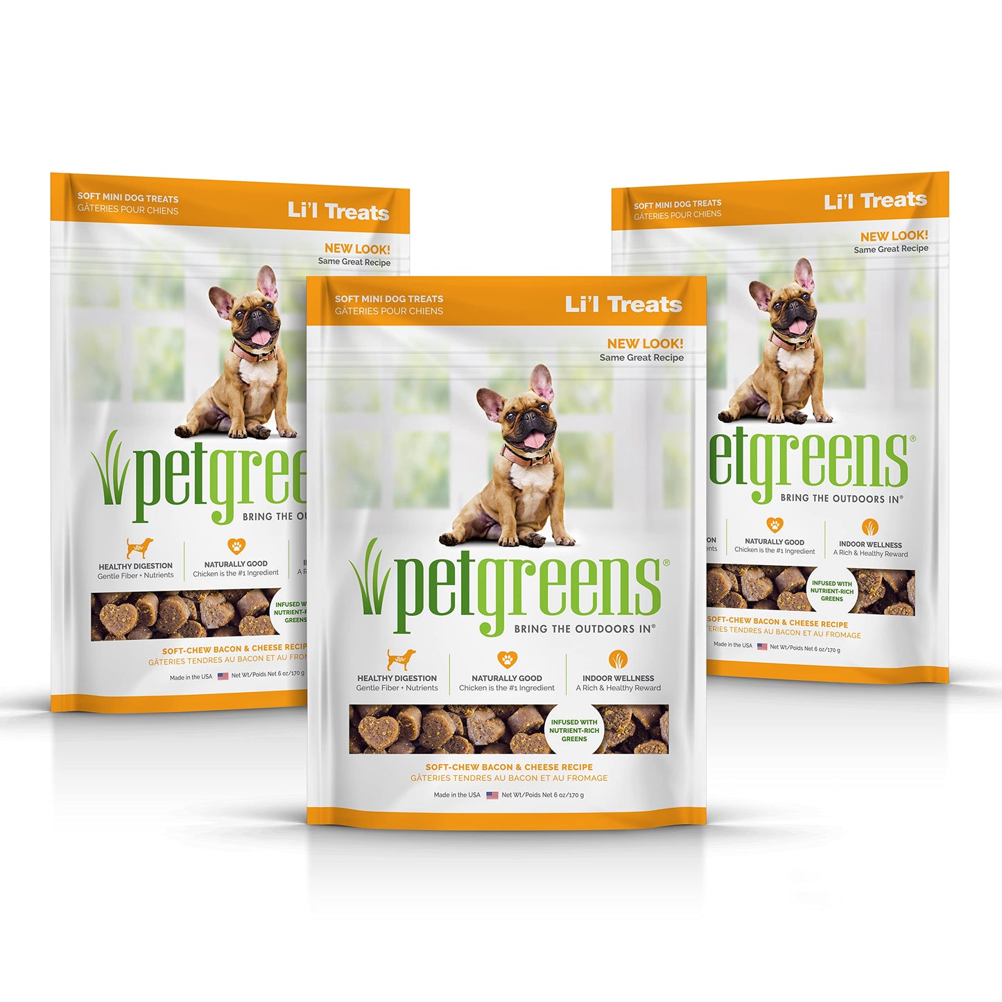 Pet Greens Natural Soft-Chew Dog Treats Infused with Supergreens - 3 Pack Bacon and Cheese 6 oz Each