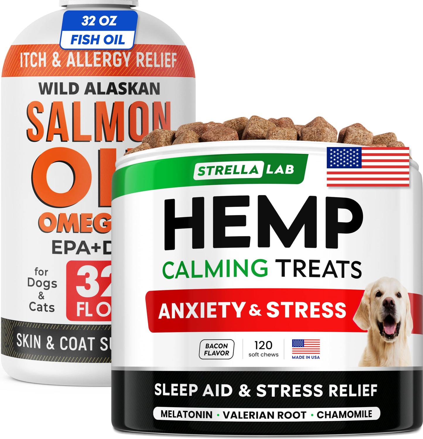 StrellaLab Salmon Oil 32 Oz + Hemp Calming Chews Bundle – Omega 3 for Skin, Coat & Itch Relief + Melatonin & Hemp for Anxiety – EPA & DHA – Made in USA