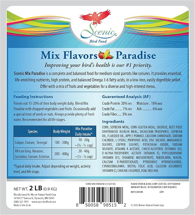 Scenic Mix Paradise Premium Parrot Food - Apple & Natural Flavors, High Protein, Low Iron Conure Bird Food, Eclectus & Other Small Pet Parrots, Omega 3, Vitamins & Minerals, 2 LB Bag
