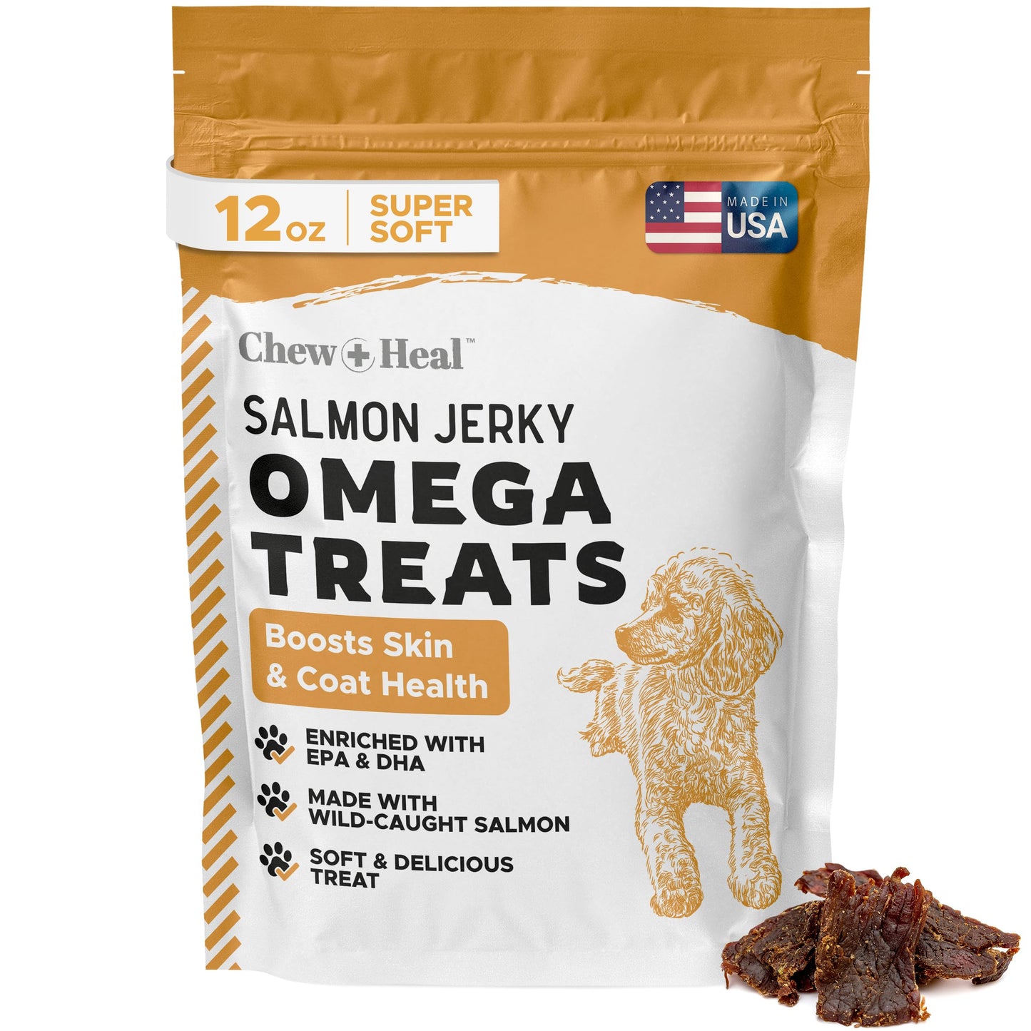 Chew + Heal Labs Omega Soft Wild Caught Alaskan Salmon Jerky 12oz - Natural Salmon Jerky Dog Training Treats for Skin & Coat - Soft Dog Chews with Flaxseed & Oat Flour - Made in USA