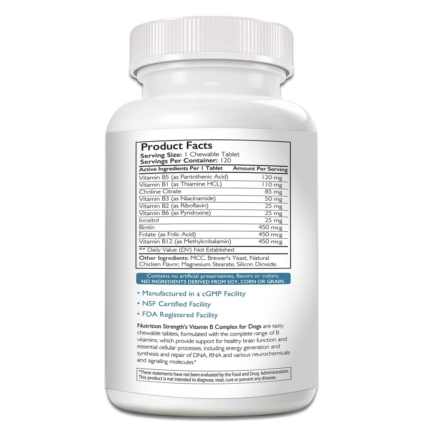 Nutrition Strength Vitamin B for Dogs, Complete B Complex for Dogs, Promote Blood Cell & Nervous System Health, Help Sustain Cellular Energy Production & Maintain Brain Function, 120 Chewable Tablets