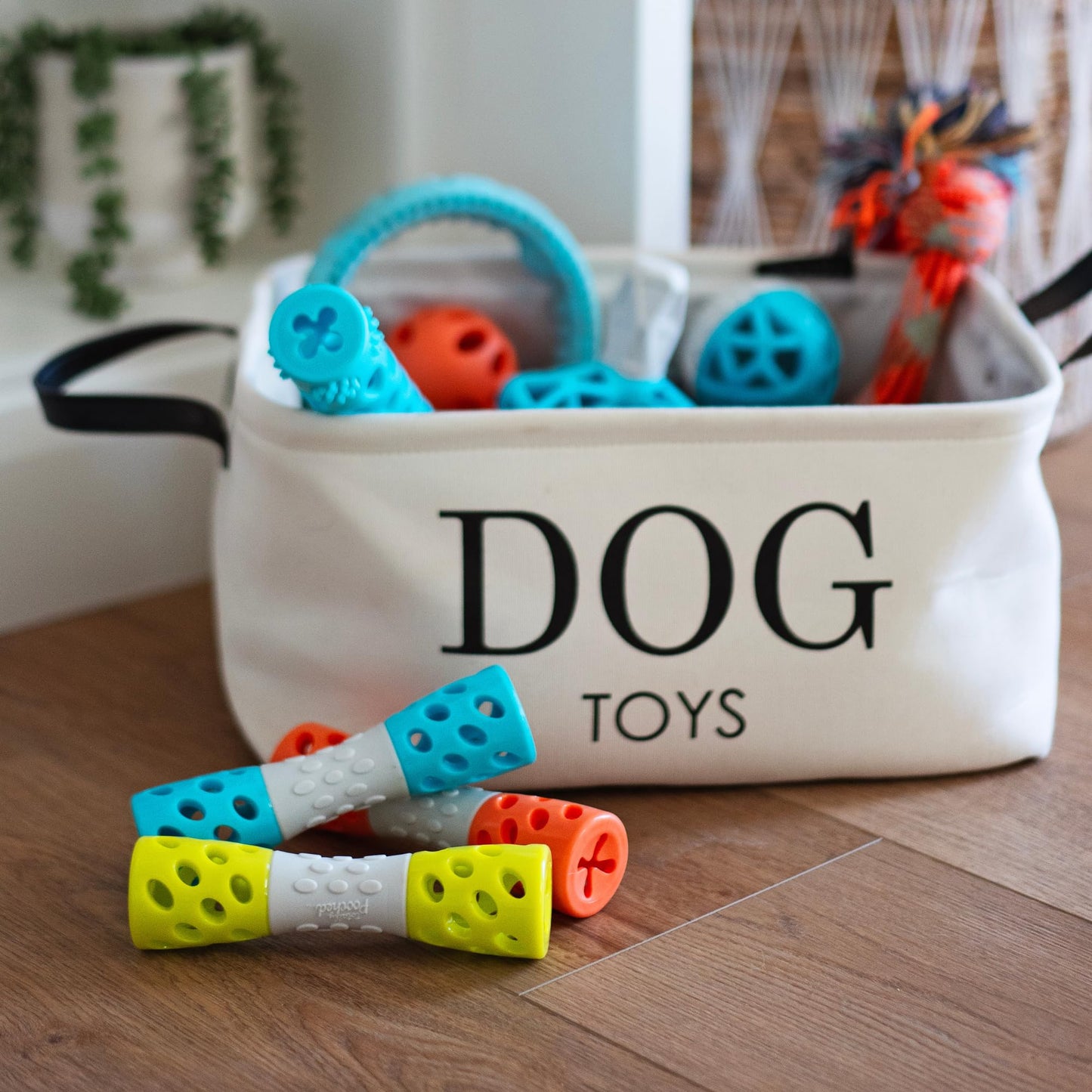 Messy Mutts Totally Pooched Toss 'n Stuff Hourglass | Interactive Treat and Squeak Toy for Dogs | Durable 7” TPR Dog Toy | Teal