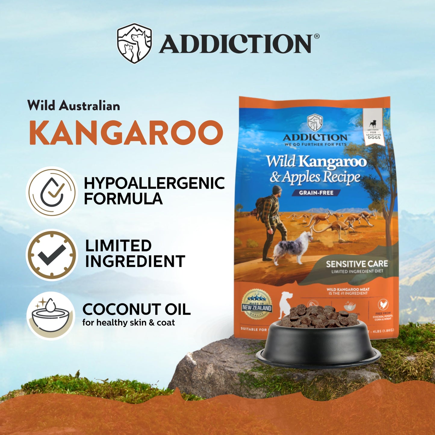 Addiction Wild Kangaroo & Apples Dry Dog Food - Limited Ingredient, Novel Protein for Dogs with Allergies, Grain-Free - Support Muscle Development & Manage Weight - Made in New Zealand 4lb