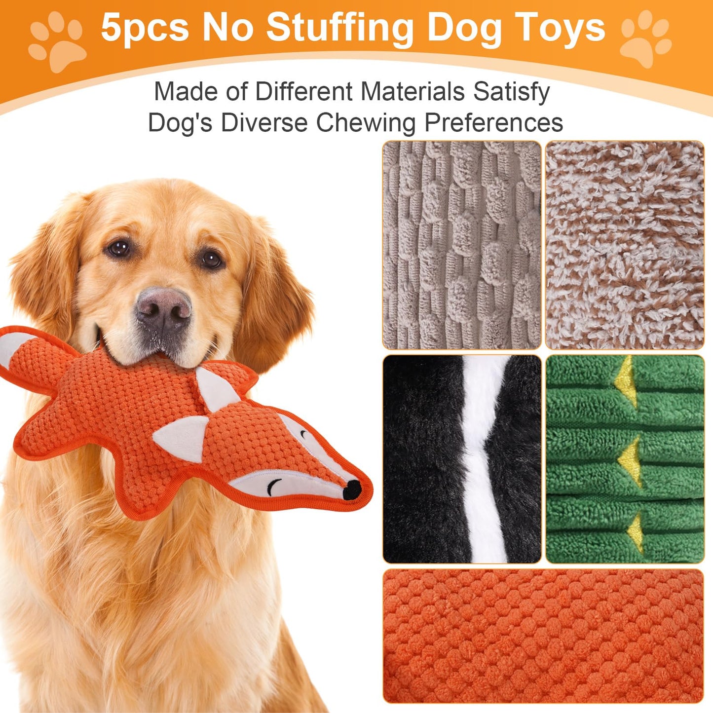 5 Pack No Stuffing Squeaky Dog Toys for Aggressive Chewers - Interactive Durable Plush Chew Toy with Crinkle Paper, Safe Pet Toy for Small to Large Breed, Ideal for Puppy Gifts & Tug of War Toys