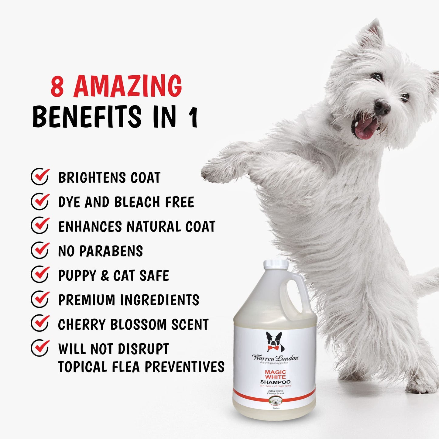 Warren London - Magic Bright Dog Shampoo, Whitening Shampoo for White Dogs & Lighter Dog Coats, Grooming Supplies are Puppy and Cat Safe, Cherry Blossom Scent, 128 Ounce, Made in USA