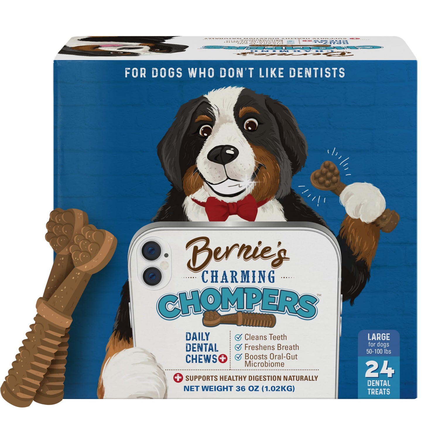 Bernie's Charming Chompers - Daily Dental Chews for Dogs 50-100 Lbs. - 24 Count - Cleans Teeth, Freshens Breath, + Boosts Oral-Gut Microbiome. Easy to Digest, Supports Healthy Digestion Naturally