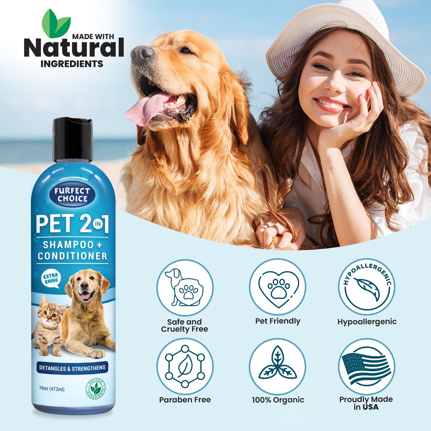 Furfect Choice 2 in 1 Dog Shampoo and Conditioner | Moisturizing Pet Shampoo for Dogs with Cleansing and Gentle Conditioner Formula | Dog Shampoo for Allergies and Itching | 16 oz