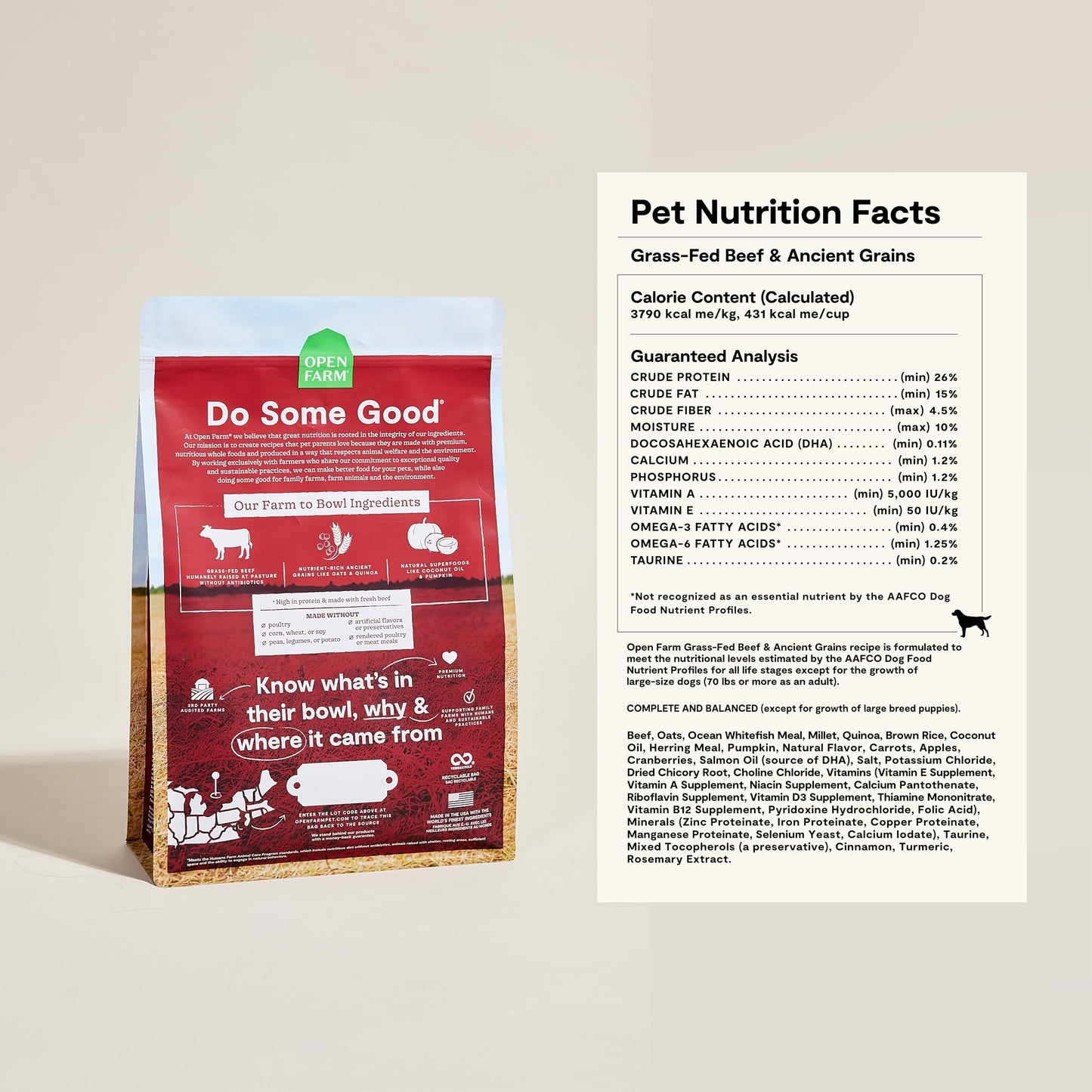 Open Farm, Ancient Grains Dry Dog Food, Protein-Rich & Nutrient Dense, 90% Animal Protein Mixed with Non-GMO Fruits, Veggies and Superfoods, Grass-Fed Beef Recipe, 4lb Bag