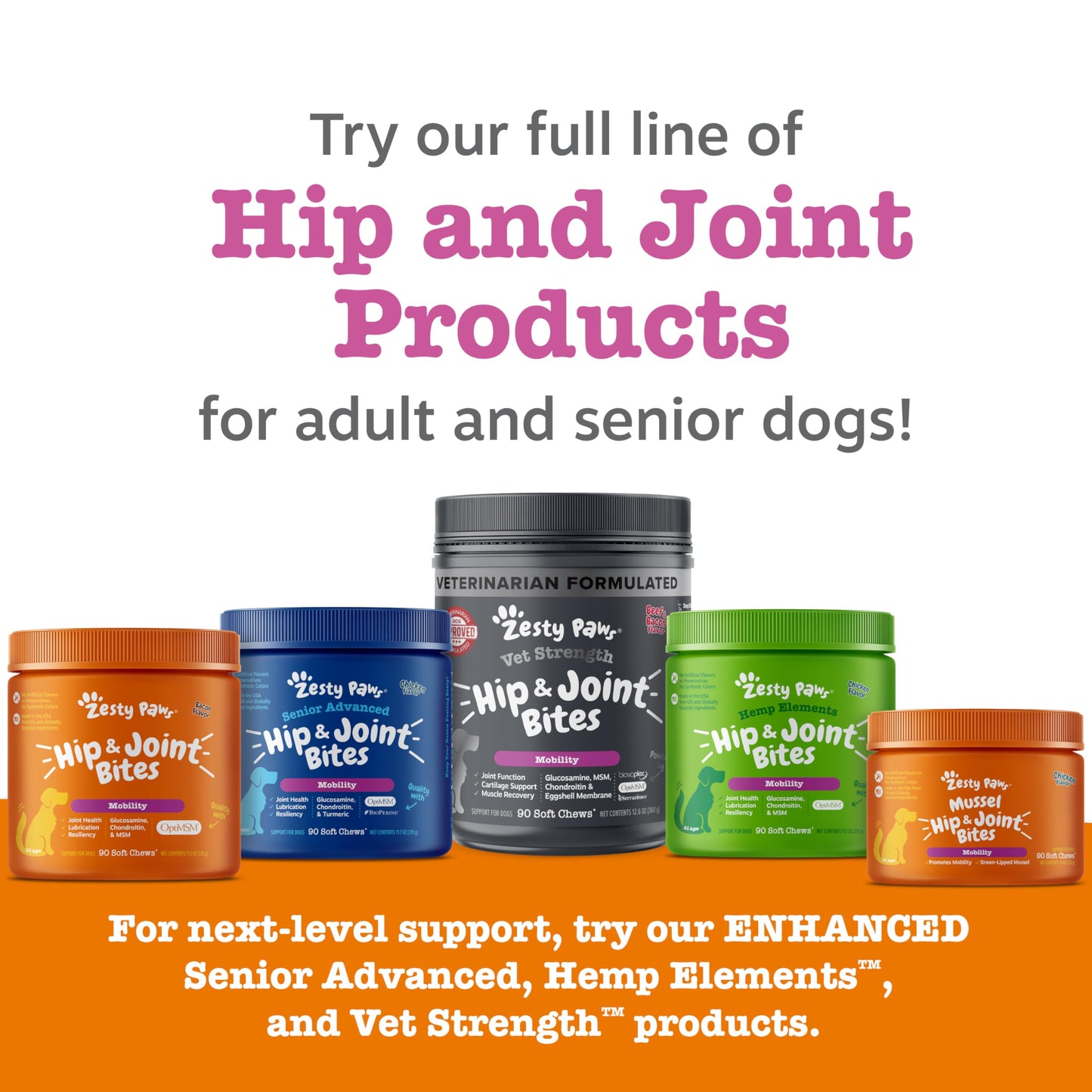 Zesty Paws Hip and Joint for Dogs, Glucosamine for Dogs Hip and Joint Supplement with Chondroitin, MSM, Vitamins C & E - Duck, 250 Count