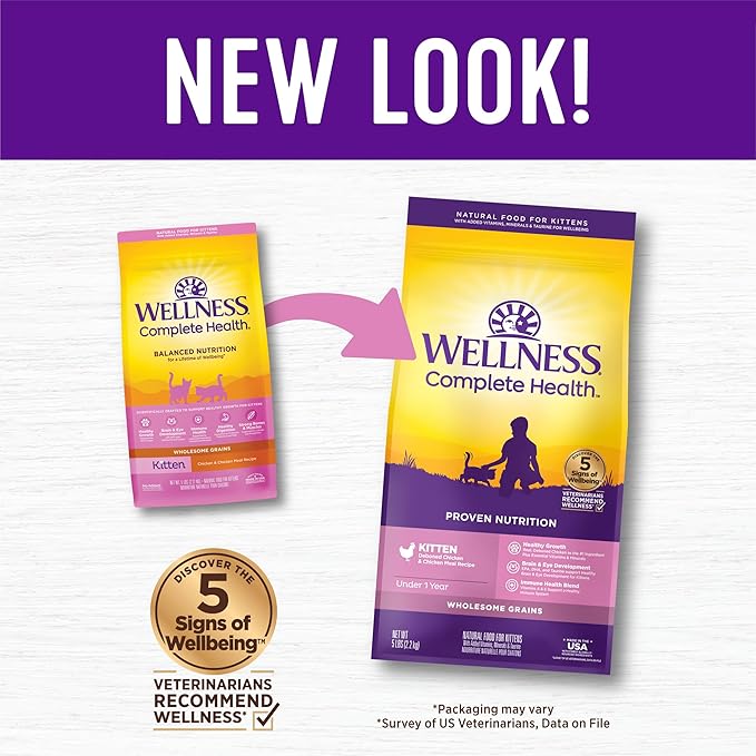 Wellness Complete Health Kitten Dry Cat Food for Indoor & Outdoor Cats, Wholesome Grains, Natural, Original Turkey, Turkey Meal and Chicken (5 Pound Bag)