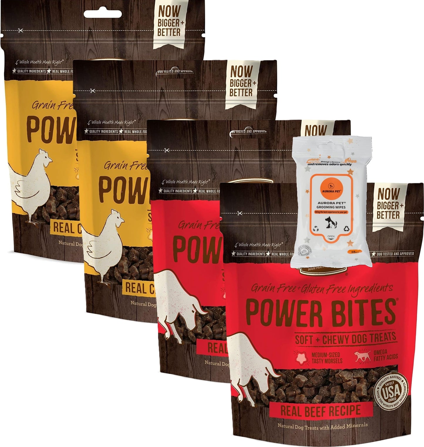 Aurora Pet Variety Pack (4) Power Bites Grain Free Dog Treats (2 Beef + 2 Chicken) 6 oz Bags with AuroraPet Wipes