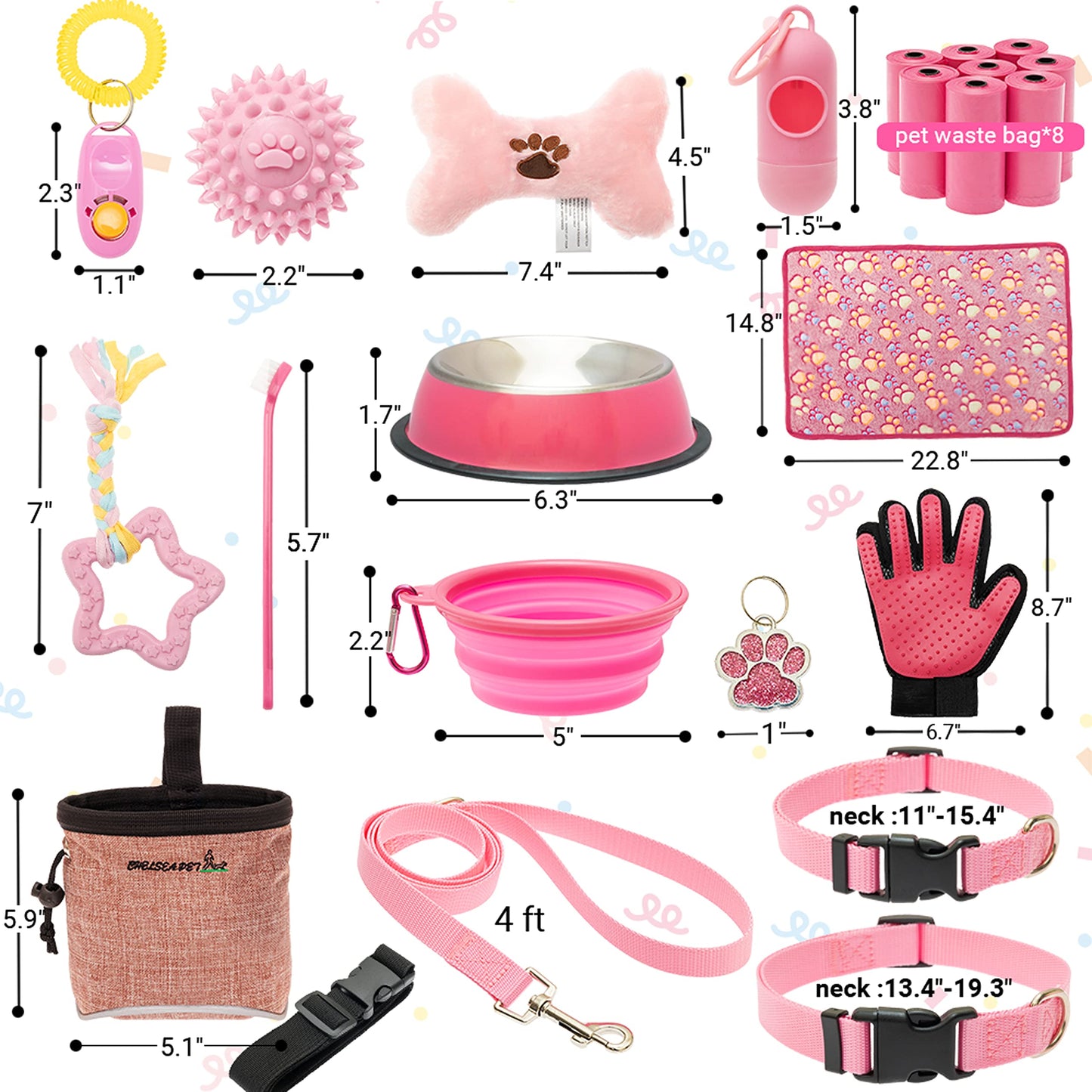 FLYSTAR Puppy Starter Kit for Small Dogs, 26 pcs Dog Supplies, Dog Toys, Collar & Leash, Training Clicker, Treat Bag, Poop Waste Bag with Dispenser, Blanket, Grooming Glove, Bowls, Toothbrush, etc