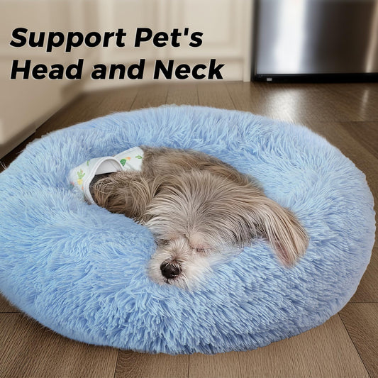 Calming Dog Bed & Cat Bed with Anti-Slip Bottom, Medium Size Washable Anti-Anxiety Donut Dog Beds for Small Dogs & Cats, Fluffy Plush Cozy Round Dog Bed(24 Inch, Light Blue)