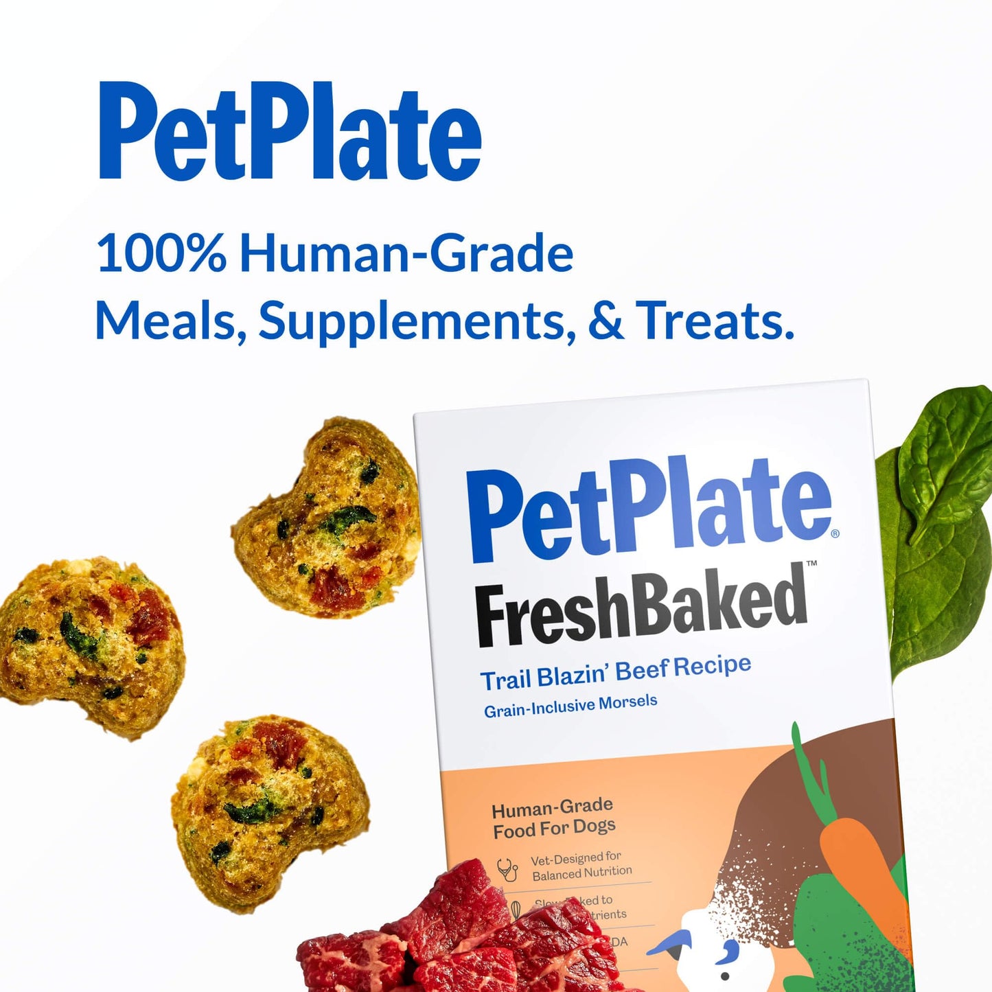 PetPlate Trail Blazin' Beef FreshBaked Dry Dog Food Grain-Inclusive, Gently Baked and Air-Dried Human Grade Dog Food, Formulated with Prebiotics and Postbiotics, No Fillers or by-Products, 2lbs