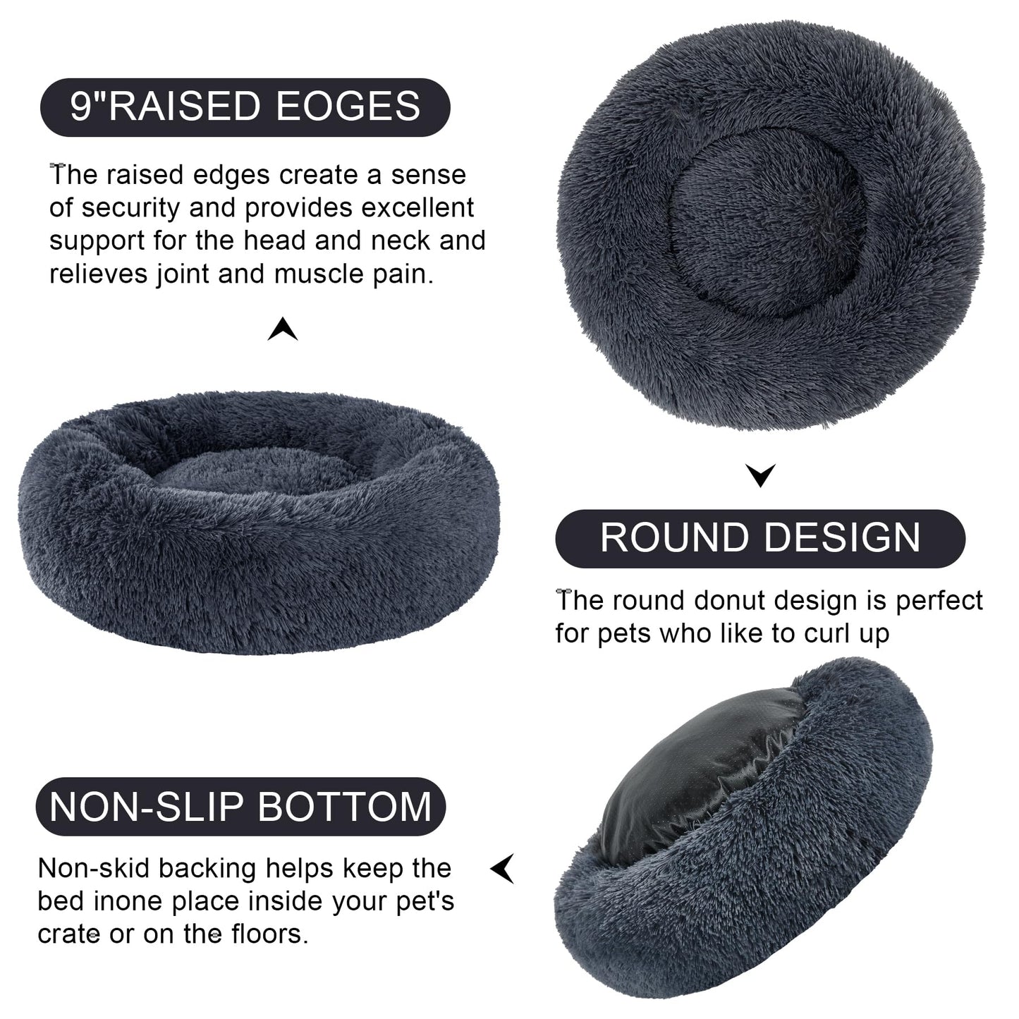 Kimpets Dog Calming Beds for Small Medium Large Dogs - Round Donut Washable Puppy Dog Bed, Anti-Slip Faux Fur Fluffy Donut Cuddle Anxiety Cat Pet Bed(20" Dark Grey)