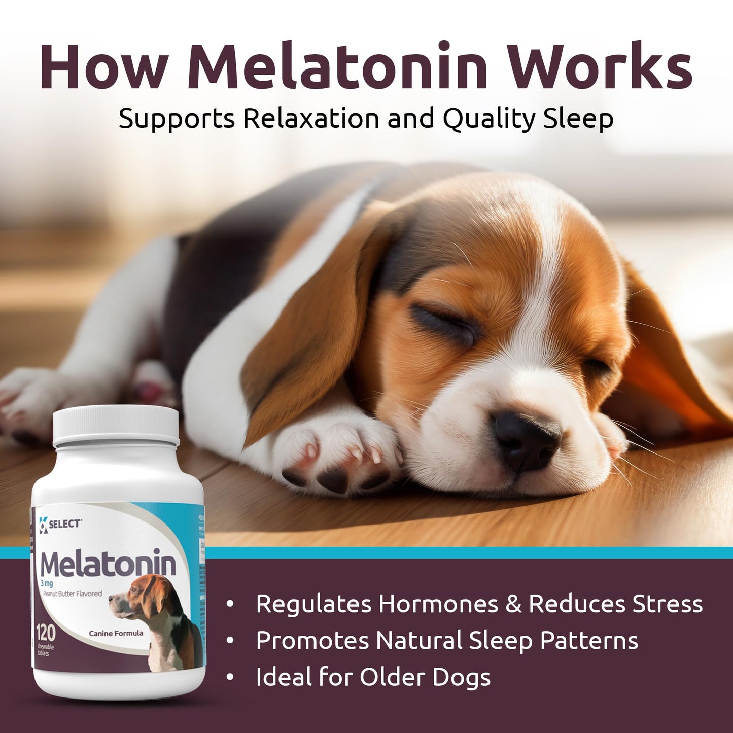 K9 Select Melatonin for Dogs - Calming Aid - Adrenal Support Sleep Aid - Reduce Stress, Pet Melatonin Treats for Medium Sized - 3 mg, 120 Peanut Butter Flavored Tablets