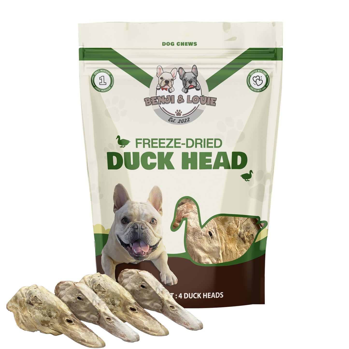 Benji & Louie Freeze Dried Duck Head - Whole Duck Head - Natural Healthy Dog Chews, Single Ingredient, 4 Count