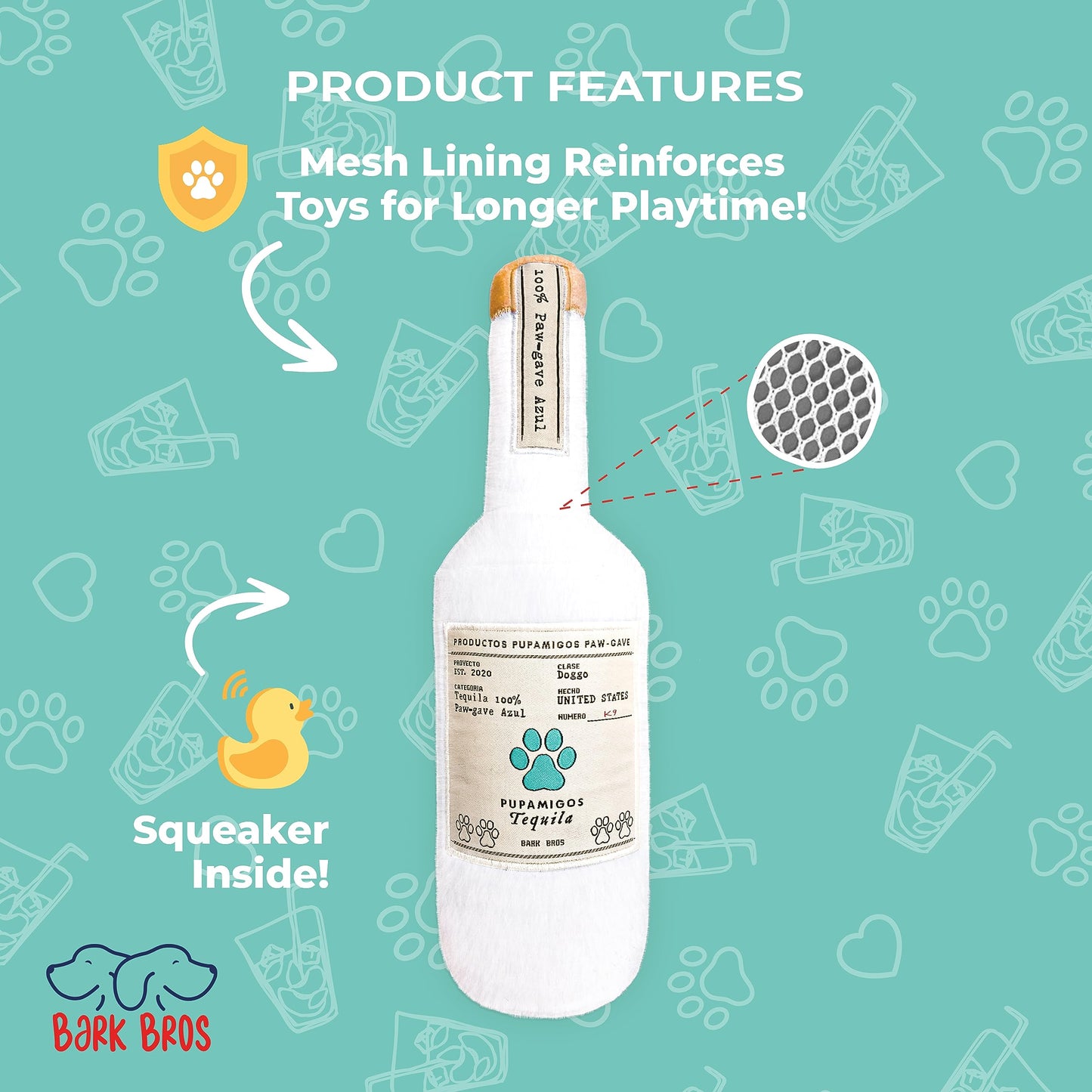 Bark Bros - Liquor Bottle Dog Toy - Plush Squeaky Dog Toys Funny Drink Parody - Alcohol Dog Toy - Dog Birthday Toy - Cute Dog Toys - Puppy Gifts - Puppy Stuff - Dog Stuff (Large, Pupamigos)