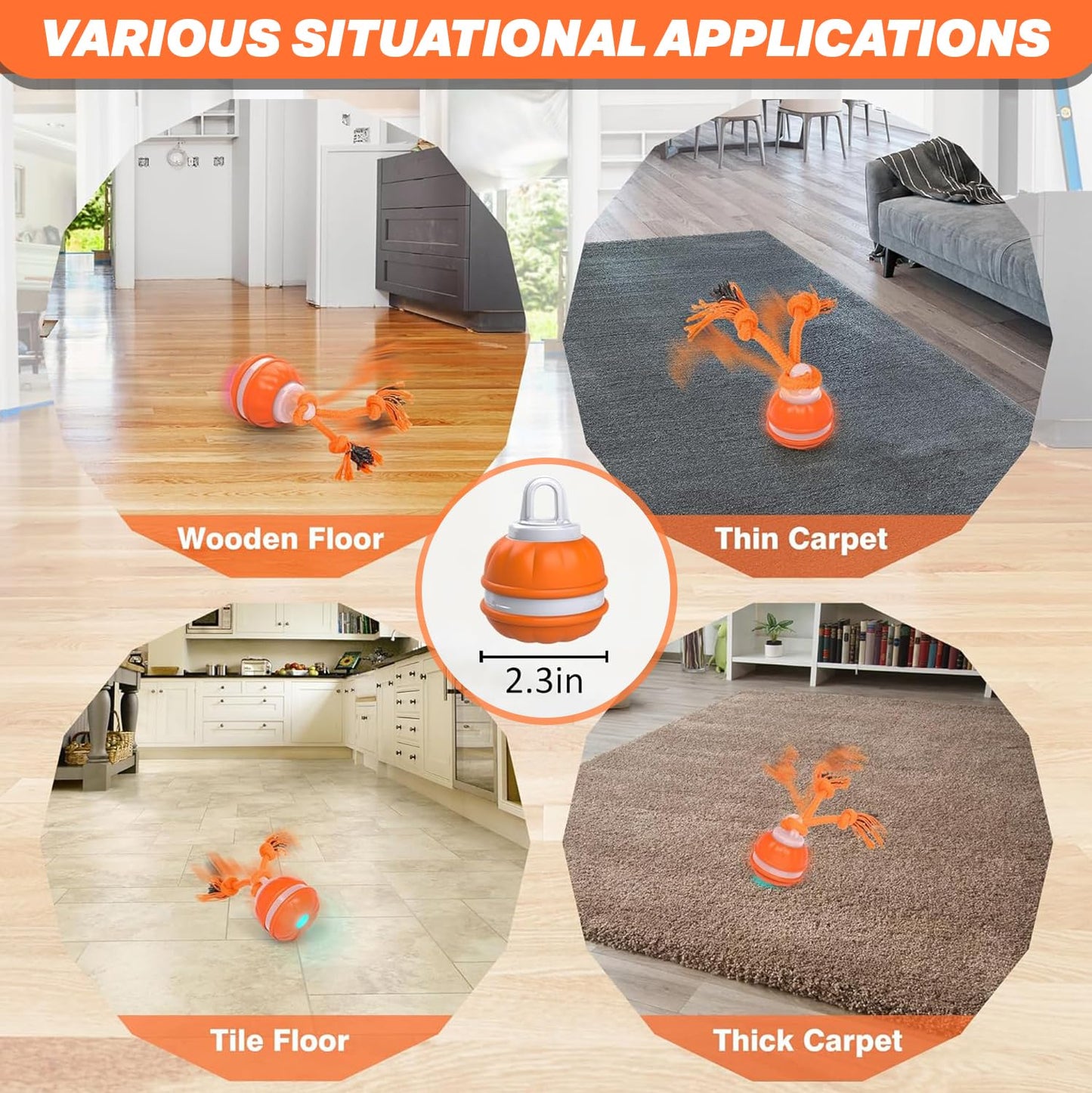 Interactive Dog Toy, Motion-Activated & Automatic Rolling, USB Rechargeable Smart Dog Ball with Teaser Rope & Squeaky Sound for Small & Medium Dogs, Puppy Stimulation Toy – Orange & Blue (Orange)