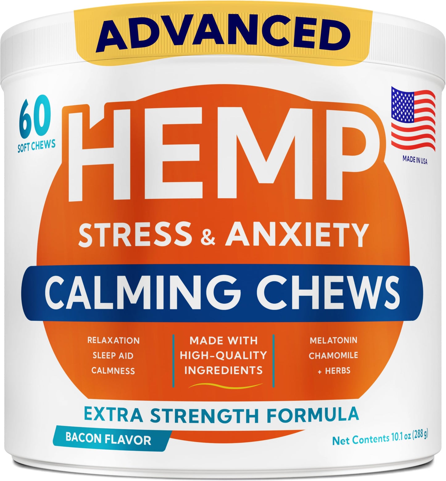 Advanced Calming Chews for Dogs - Hemp Treat + Melatonin + Valerian - Relaxing Bites - Calming Care - Anti-Anxiety & Stress Relief - Made in USA - Calm, Sleep Aid, Storms - 60Ct