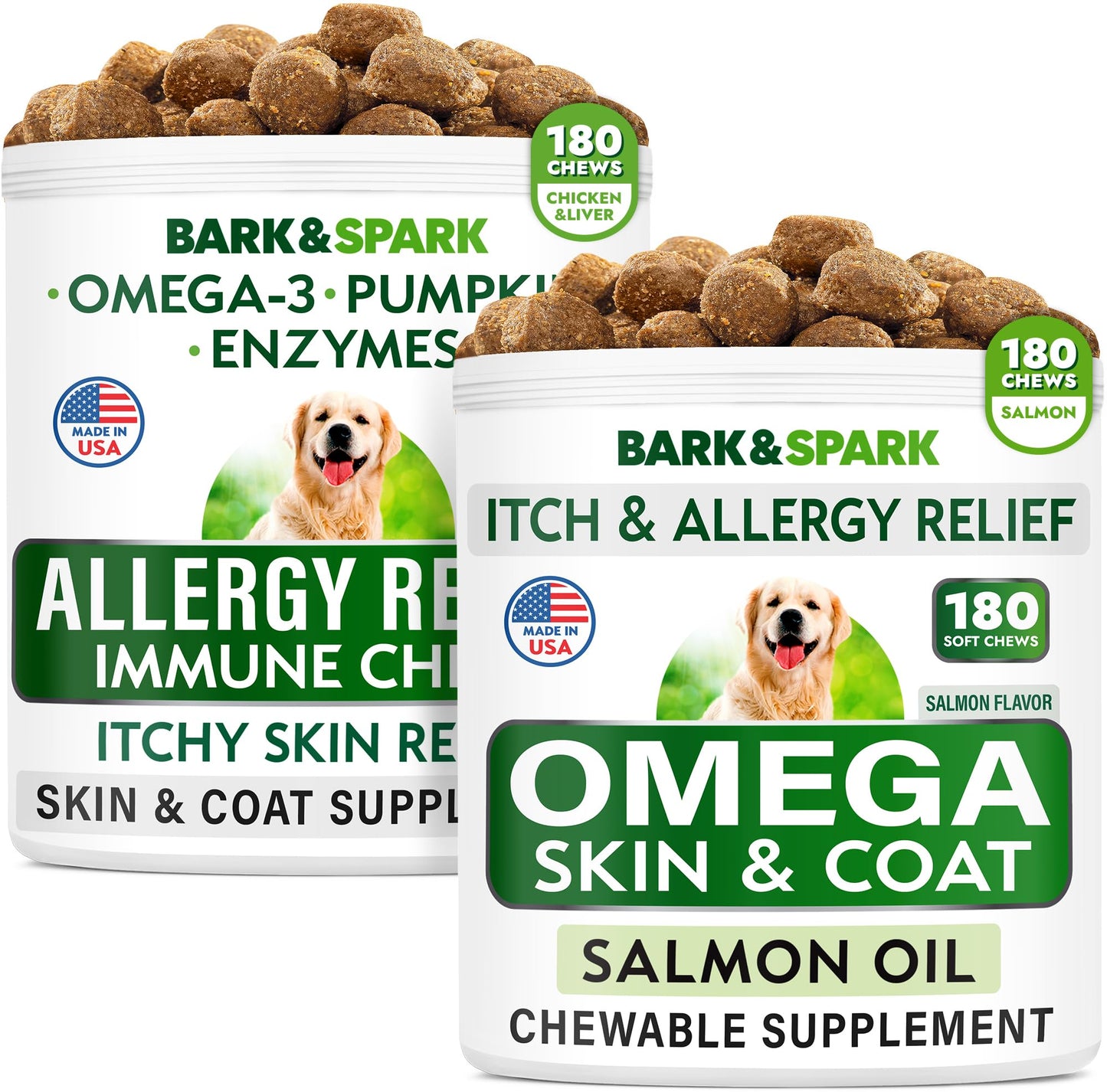 Omega 3 + Allergy Relief for Dogs Bundle - Anti-Itch Skin + Skin Allergy - Omega 3 Fish Oil + EPA & DHA Fatty Acids - Itching&Paw Licking + Itch Relief - 360 Chews - Made in USA