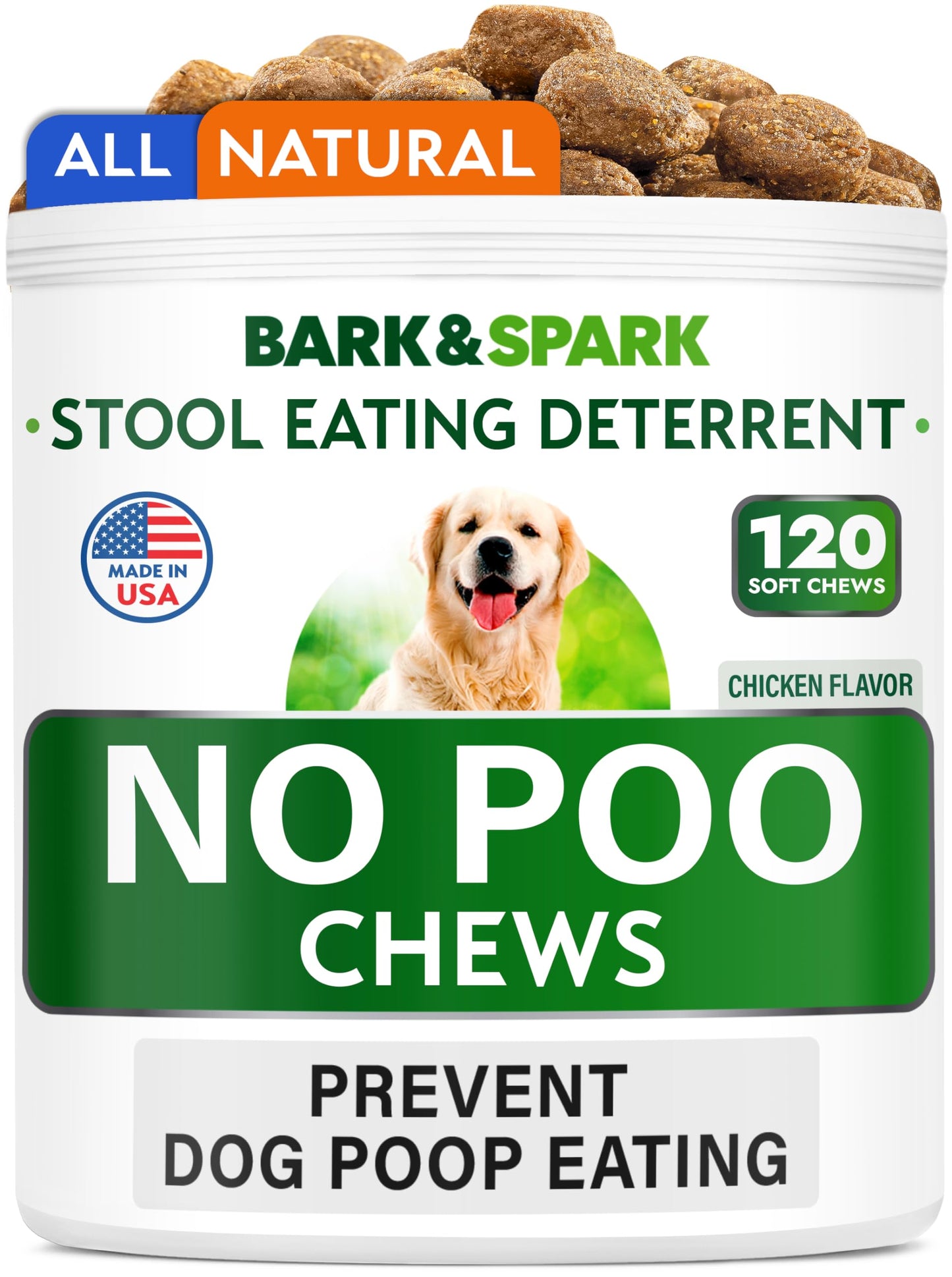 BARK&SPARK NO Poo Treats - Prevent Dog Poop Eating - Coprophagia Treatment - Stool Eating Deterrent - Probiotics & Enzymes - Digestive Health + Breath Aid - Made in USA - (120 Ct - Chicken)