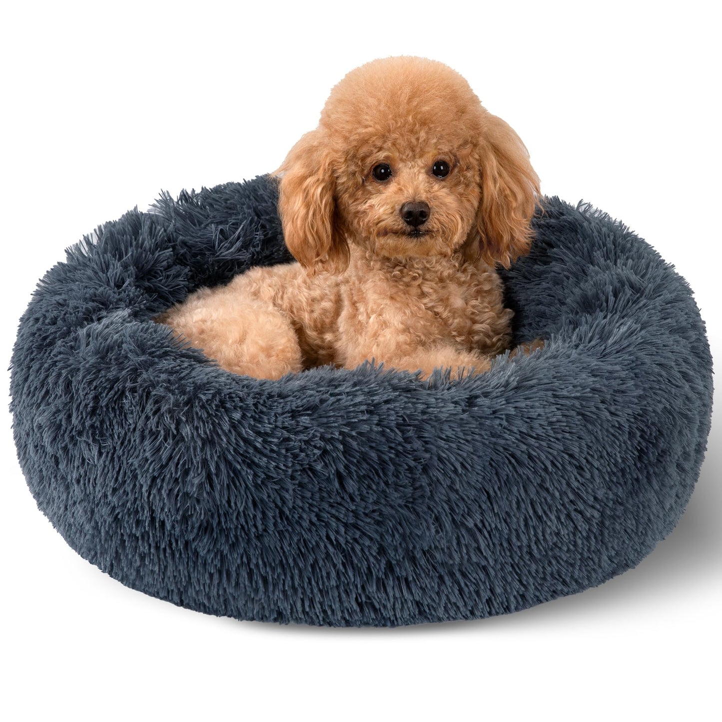 Kimpets Dog Calming Beds for Small Medium Large Dogs - Round Donut Washable Puppy Dog Bed, Anti-Slip Faux Fur Fluffy Donut Cuddle Anxiety Cat Pet Bed(20" Dark Grey)