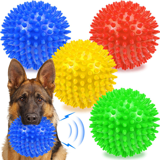 Ousiya Dog Balls 4.5” Squeaky Dog Toys Spikey Ball for Aggressive Chewers Heavy Duty Teething Large Medium Durable Dogs Balls (4 Pack)