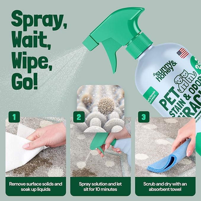 Sunny & Honey Carpet Cleaner - 32 Fl Oz, Spring Mint Scent - Enzyme Cleaner Spray for Pet Stains & Odors - Pet Stain Remover for Carpet, Upholstery & Mattresses