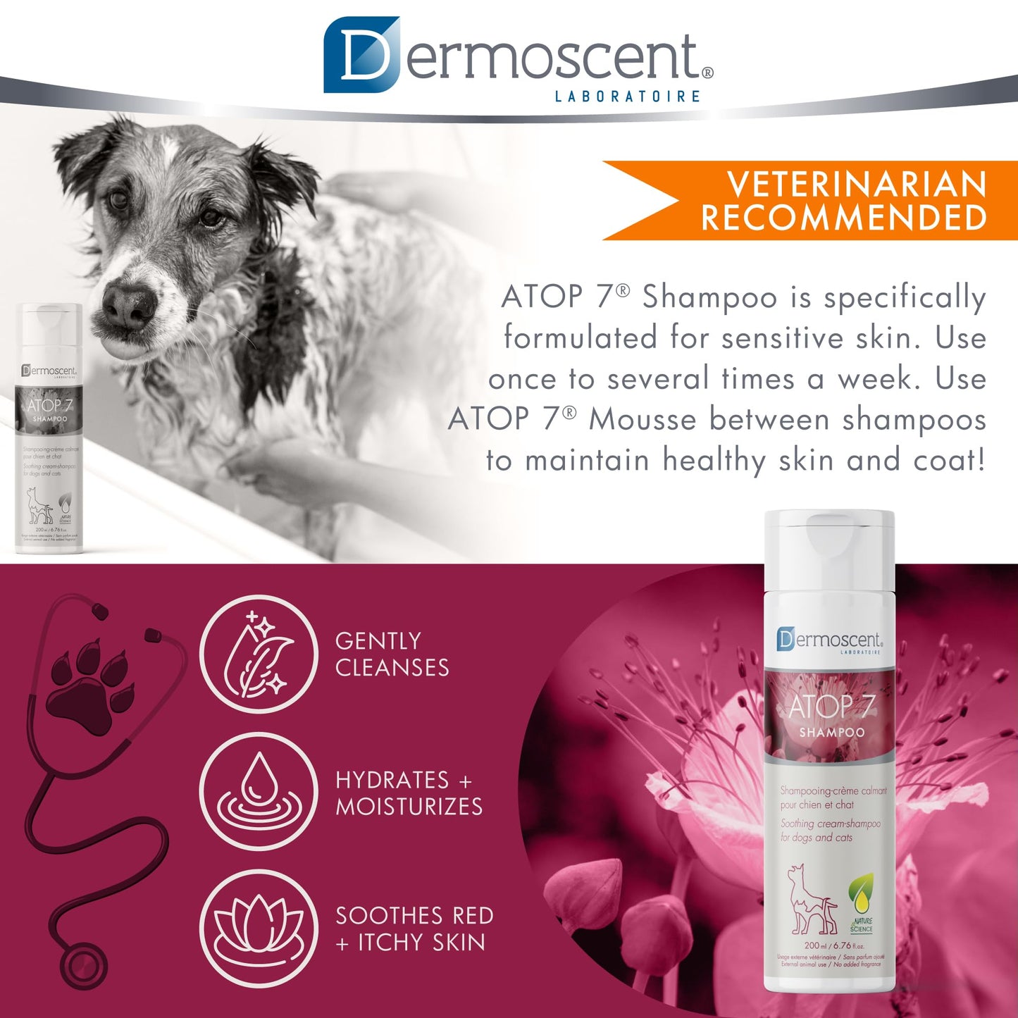 Dermoscent ATOP 7 Shampoo for Dogs & Cats - Allergies & Itchy Skin Relief - Natural Ingredients - Helps Soothe Dermatitis & Atopic Skin - 200 ml