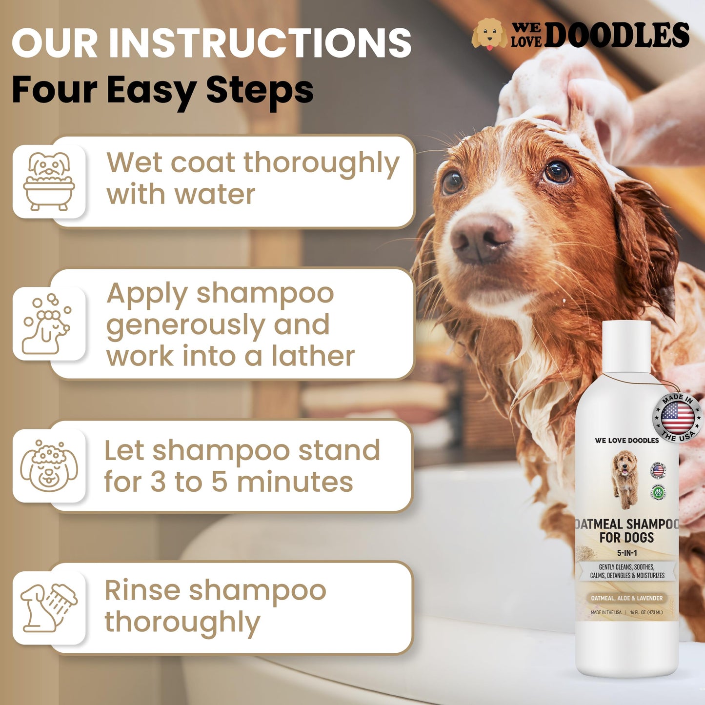 We Love Doodles 5-in-1 Premium Oatmeal Shampoo & Dog Grooming Bath Brush Bundle - Gentle for Itchy & Sensitive Skin, Provides Itch Relief, Hypoallergenic & Soothing for Dry Skin, Pet Rubber Brush