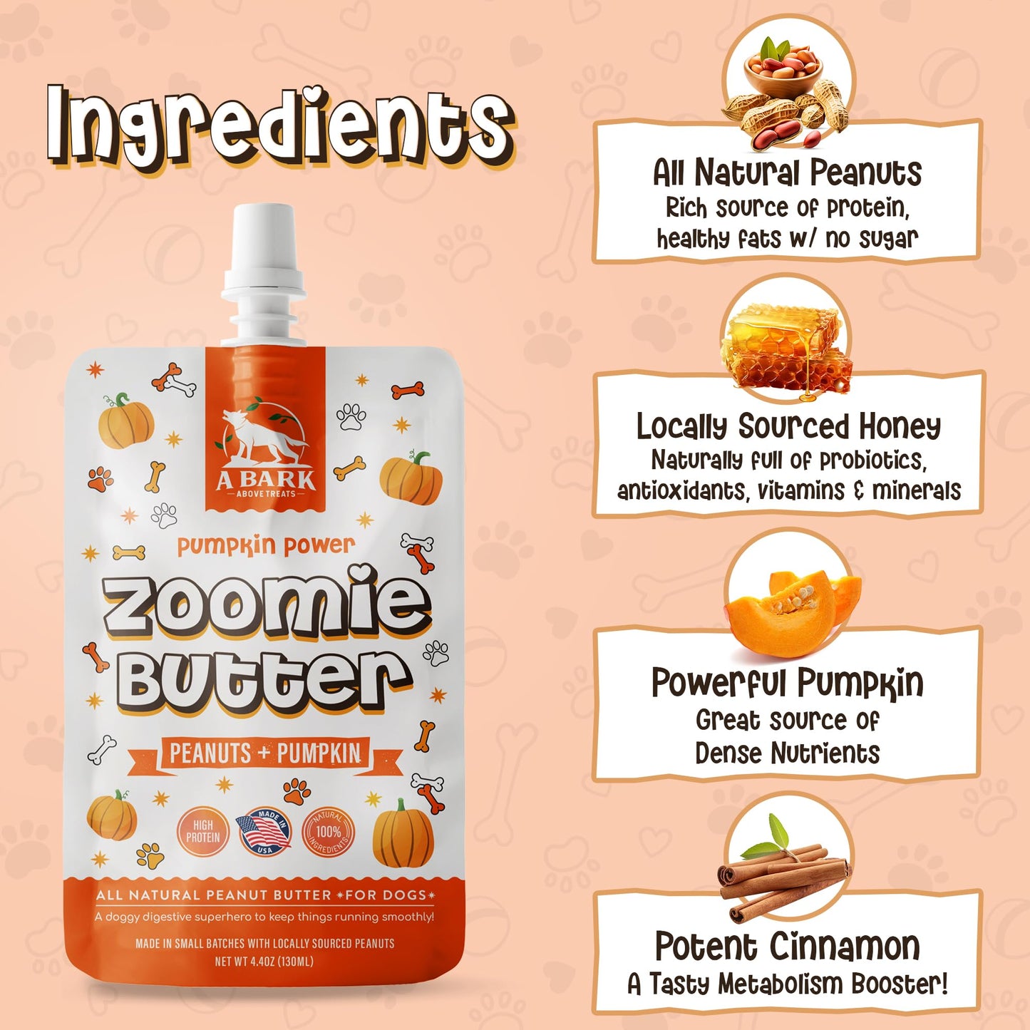 Zoomie Butter Pumpkin Power Dog Peanut Butter Spread, All Natural Dog Treat. Human Grade & Safe Puppy Food, Peanuts & Pumpkin for Shiny Coat, Digestion & Fiber, Enrichment Toys, Grown & Made in USA