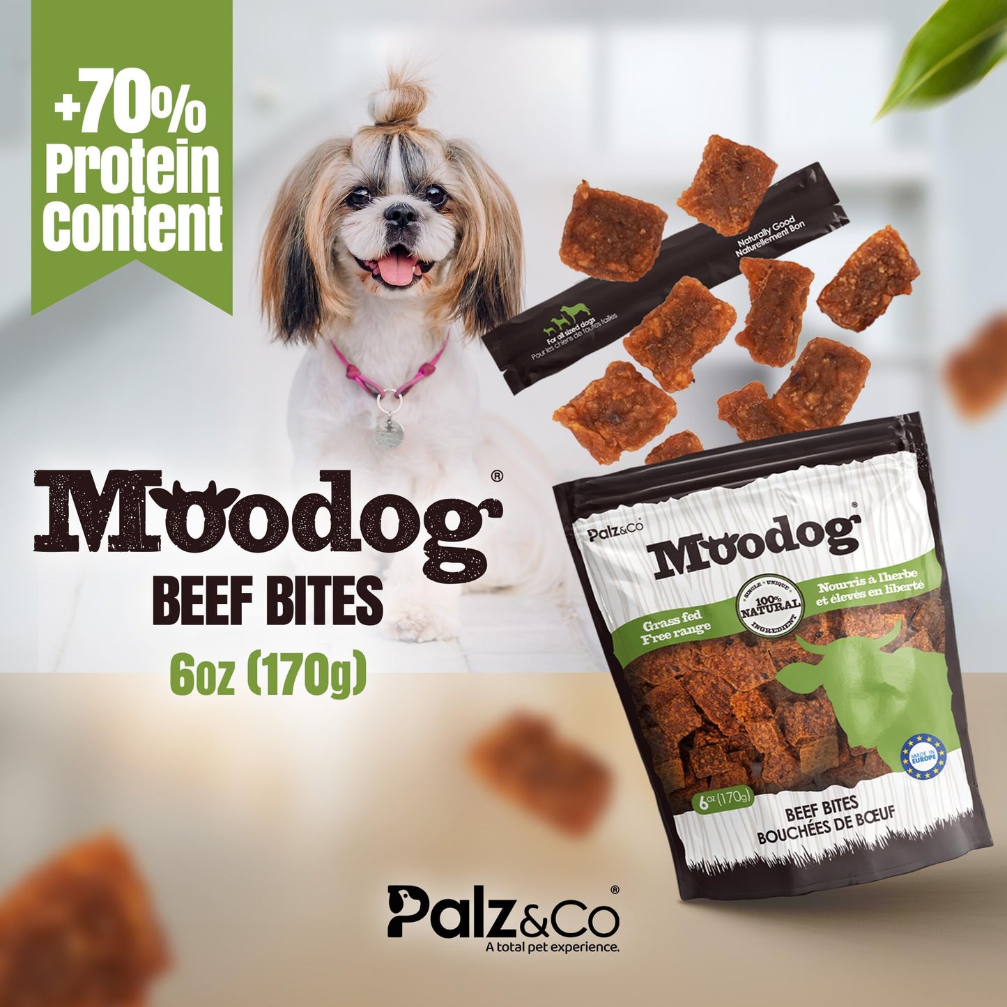 Palz&Co Moodog Beef Bites Soft Chews for Dogs - 100% Natural Grain-Free Treats to Support Dental Health, Joint Mobility, and Stress Relief, No Artificial Additives, 6 oz Bag