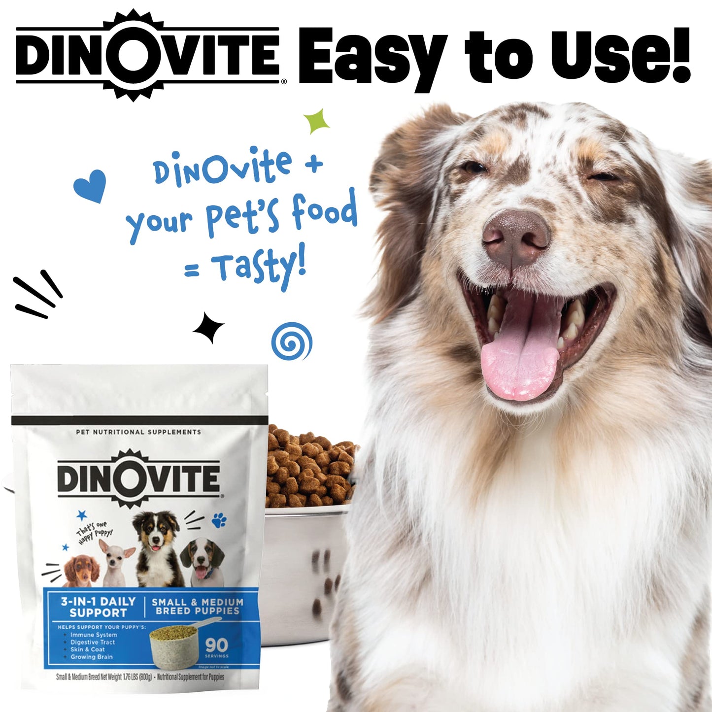 Dinovite 3 in 1 Probiotic for Puppies, Skin & Coat, Digestive Health & Joint Relief, Dog Food Toppers, Salmon Oil, Glucosamine, Allergy Relief & Itch Relief Skin Care, 90 Servings (Puppy)