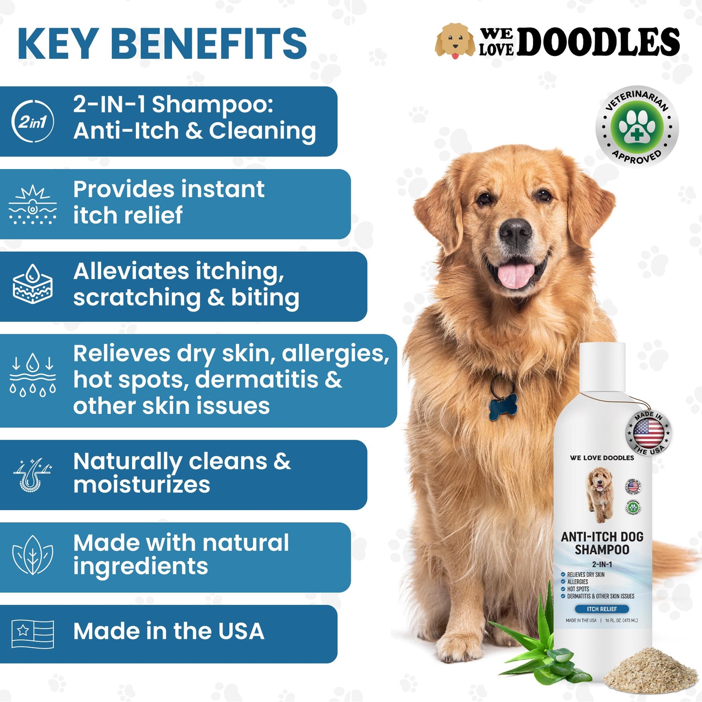 We Love Doodles Anti Itch Dog Shampoo and Grooming Comb - for Sensitive Skin, Dry Skin Treatment, Itching Skin, Allergy Relief, Removes Tangles & Matts, Detangler Comb for Matted Hair, Made in USA