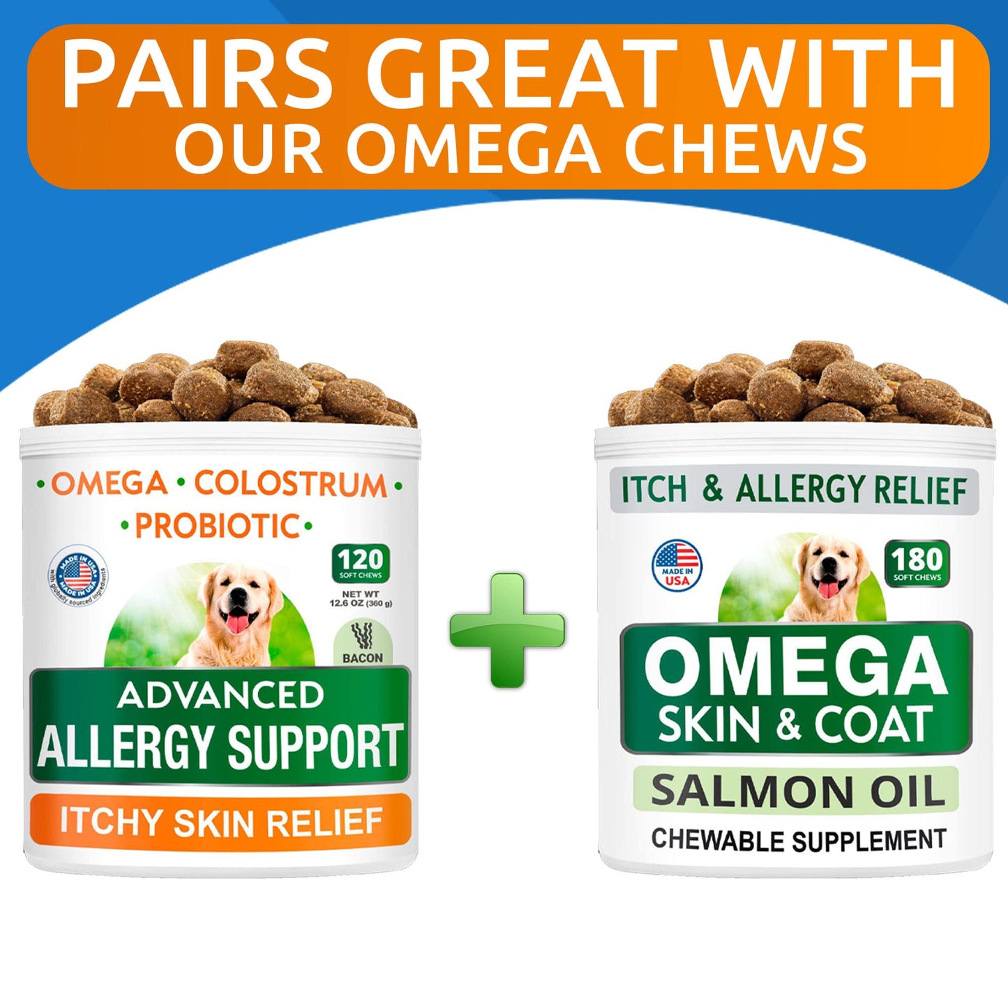 Advanced Dog Allergy + Omega 3 Bundle - Itch Relief - Probiotics w/Fish Oil Omega 3 + EPA&DHA Fatty Acid - Skin Allergies + Joint Health - 120 Chews + 180 Softgels - Bacon + Fish Flavor - Made in USA