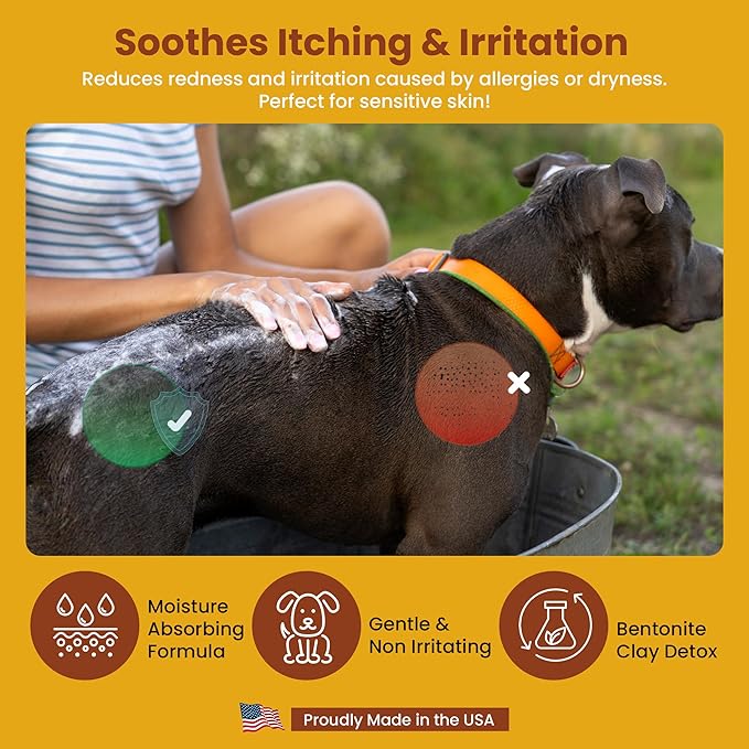 Dog Coat Care Powder | Made in USA | Waterless Dry Shampoo & Deodorizer for Smelly Dogs, Anti-Itch Relief for Dry Itchy Skin, No Rinse Formula with Lavender Oil & Bentonite Clay