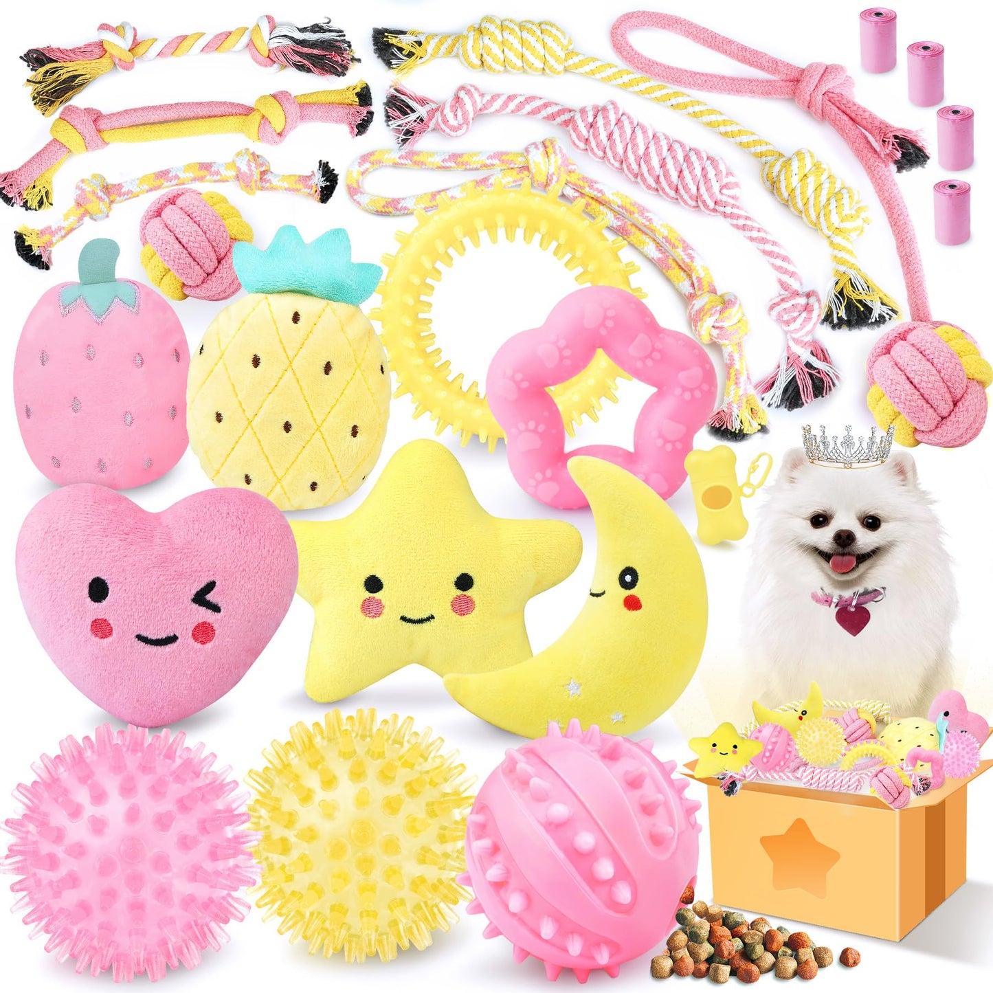 XIUGOAL Pink Puppy Toys for Teething - 23 Pack Puppy Chew Toys for Boredom, Interactive Dog Toys for Puppies, Cute Small Dog Toys with Treat Ball, Squeaky Dog Chew Toys and Ropes