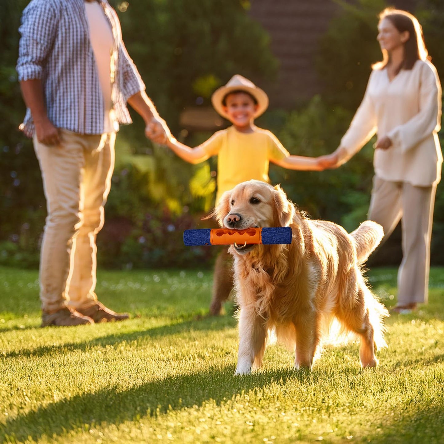 PETOPIA Stick Interactive Dog Toy 9” in Outdoor Dog Toy for Aggressive Chewers Tough Natural Rubber Chew Toys (Blue&Orange)