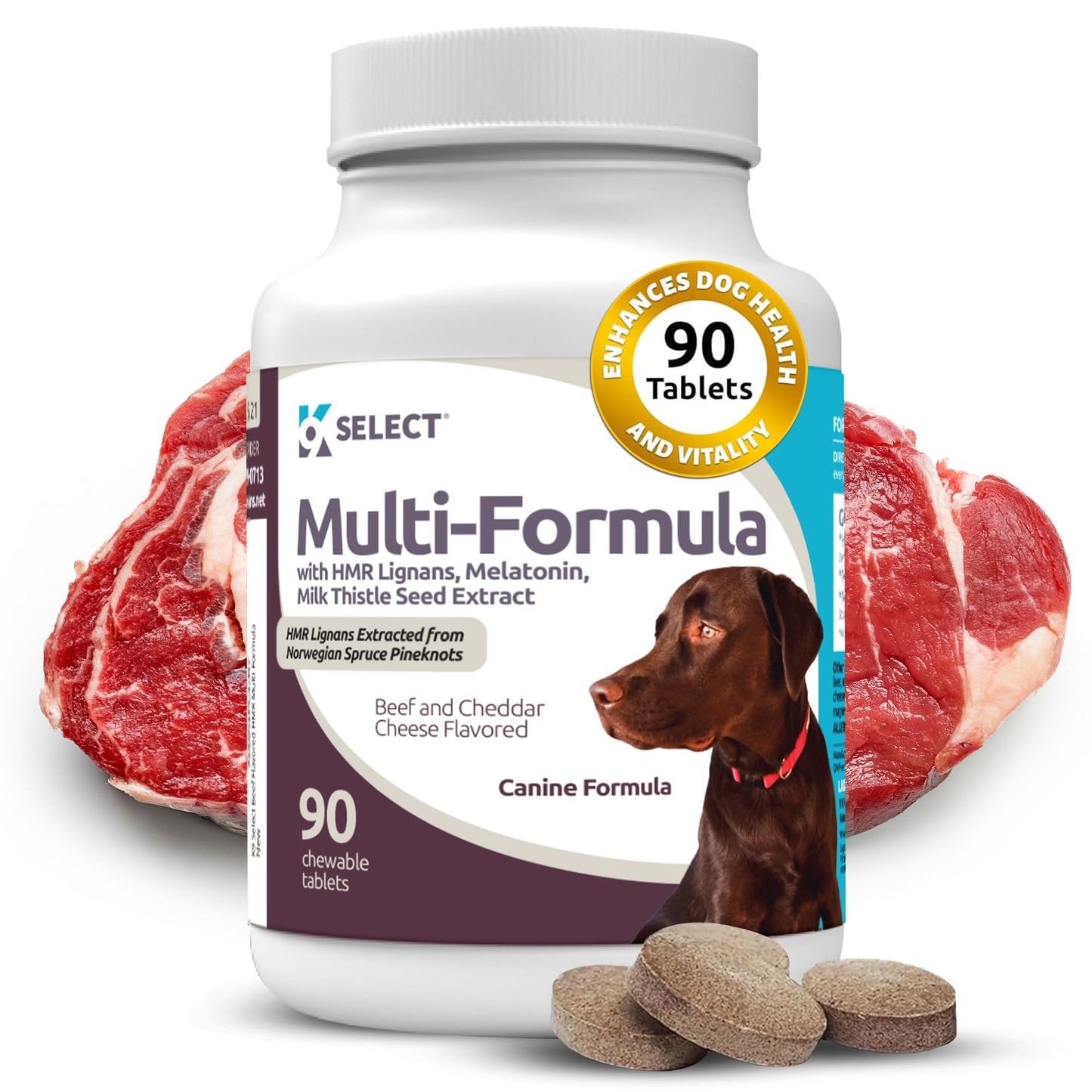 K9 Select Multi-Formula Dog Vitamins for Large Dogs - 30mg HMR Lignans, 3mg Melatonin, 60mg Milk Thistle - Helps Heart, Liver, Digestion, Skin & Coat Health, Dog Multivitamin, 90 Tablets, Beef Flavor